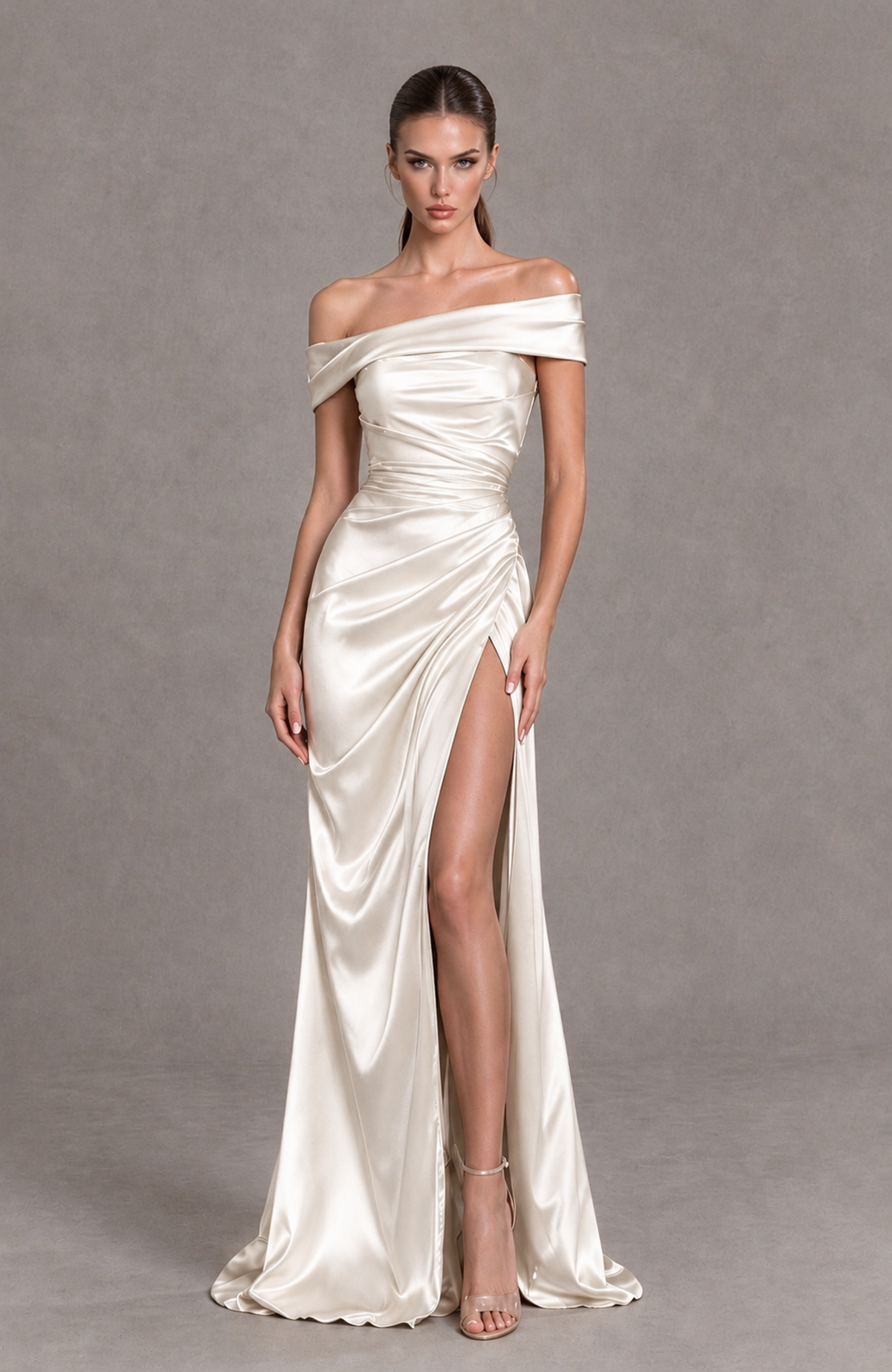 BOLODOO Ivory Off-the-Shoulder Ruched Satin Prom & Evening Dress with High Slit - Ivory - Ivory_3