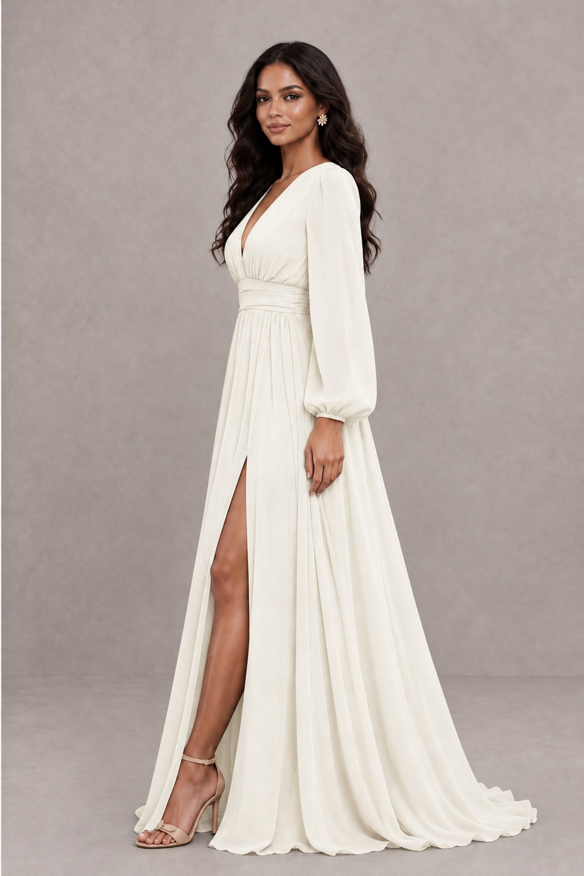 BOLODOO Ivory Long Sleeve V-Neck A-Line Gown with Open Back & Slit - Ivory - Ivory_3