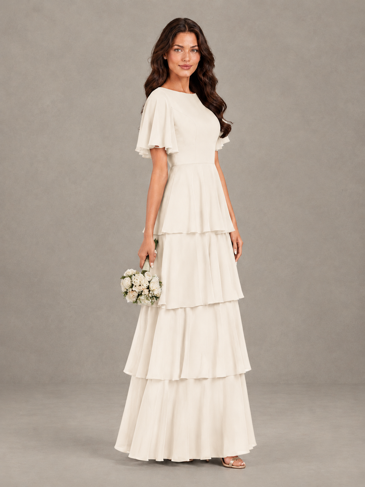 BOLODOO Ivory Tiered Flutter Sleeve Bridesmaid Dress - Ivory - Ivory_3