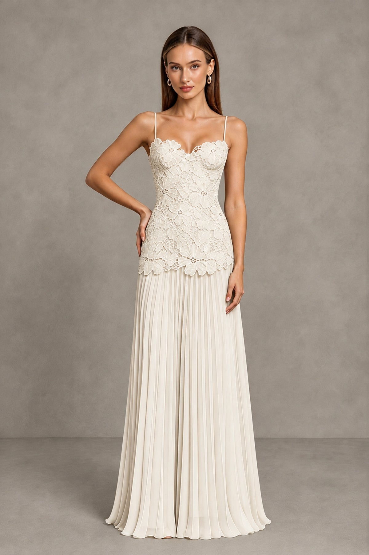 BOLODOO Ivory Lace Bodice Pleated Wedding Guest Dress - Ivory - Ivory_3