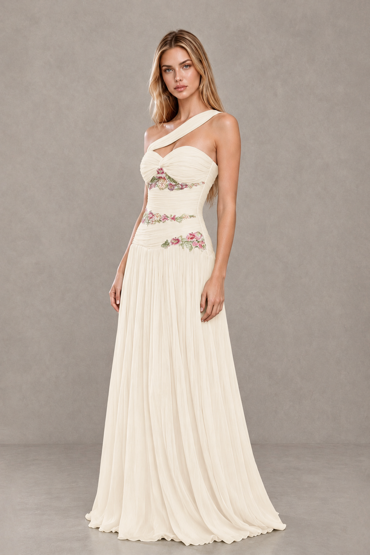 BOLODOO Ivory One-Shoulder Floral Applique A-Line Evening Dress - Ivory - Ivory_3