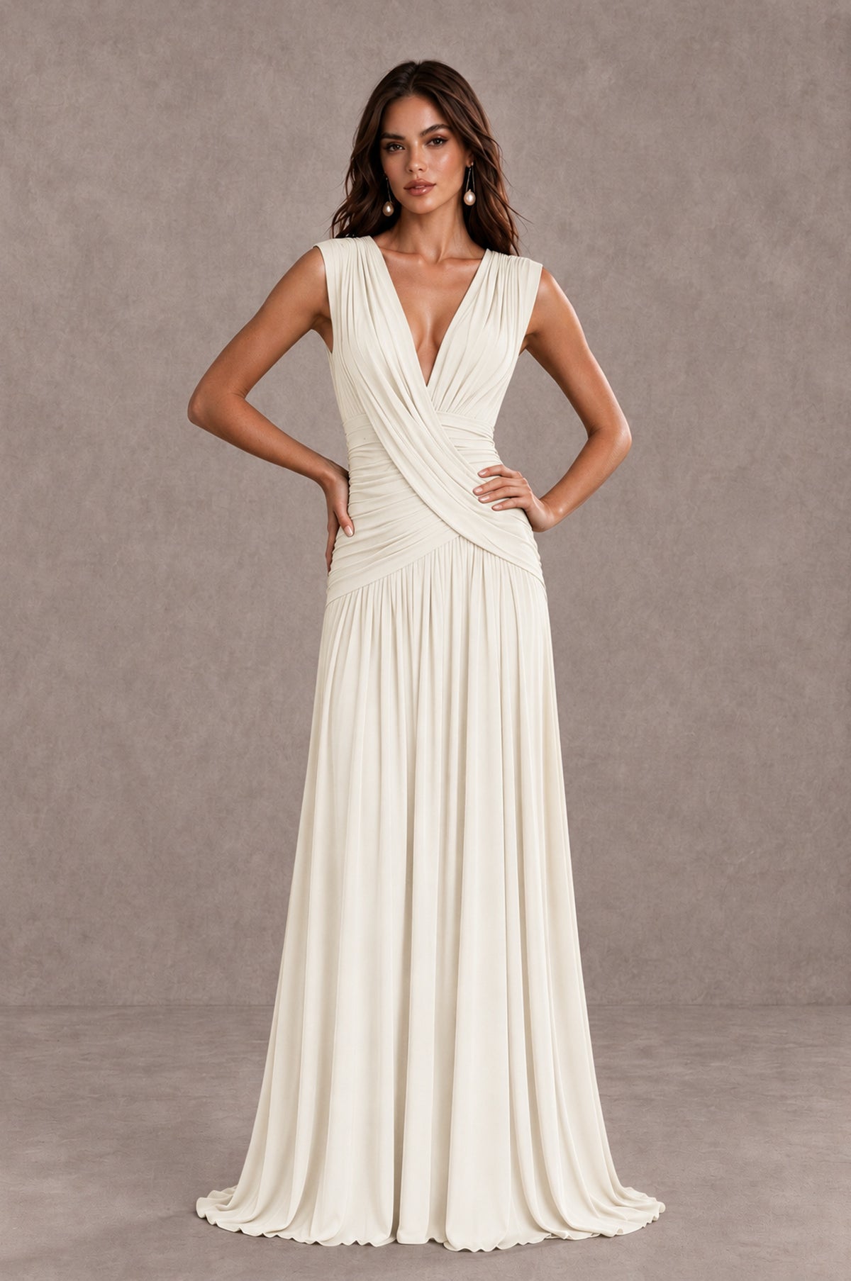 BOLODOO Ivory V-Neck Ruched Wedding Guest Dress - Ivory - Ivory_3