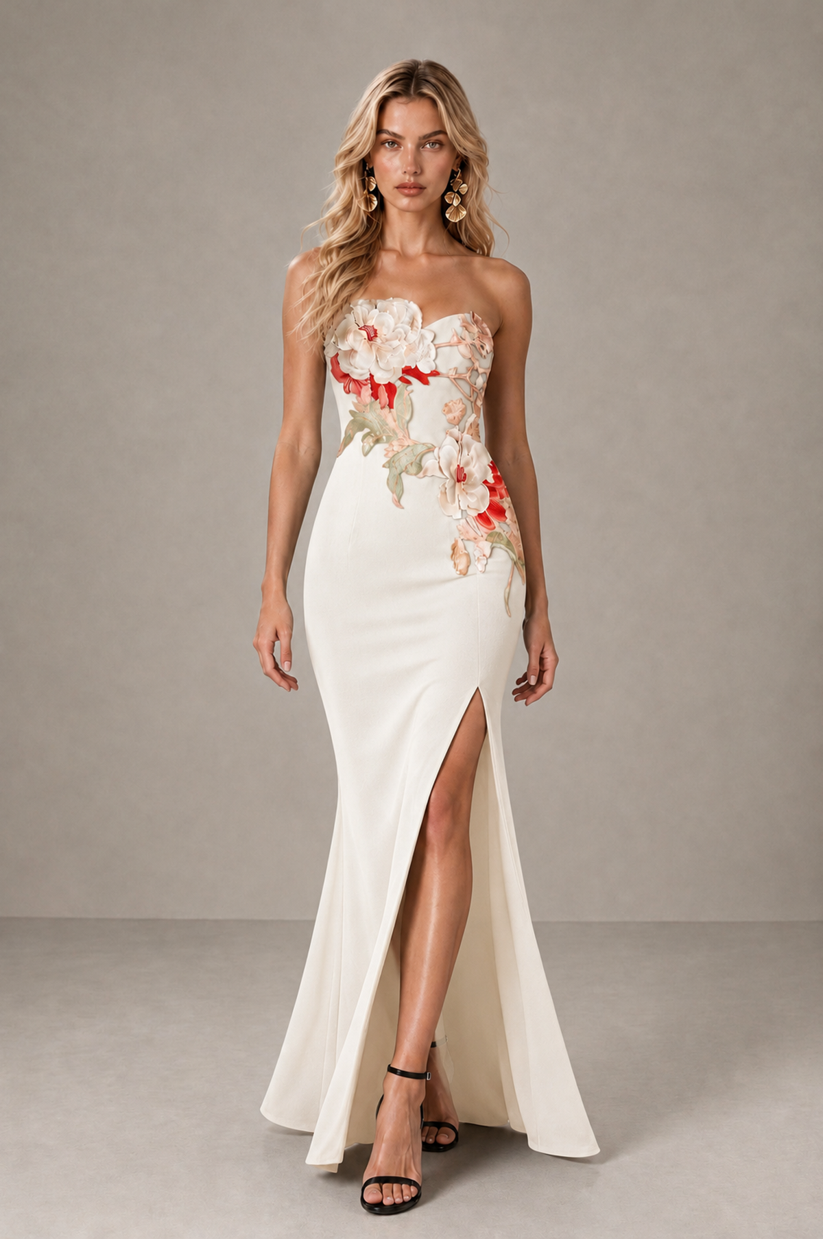BOLODOO Ivory Strapless Floral Mermaid Evening Dress with Slit - Ivory - Ivory_3