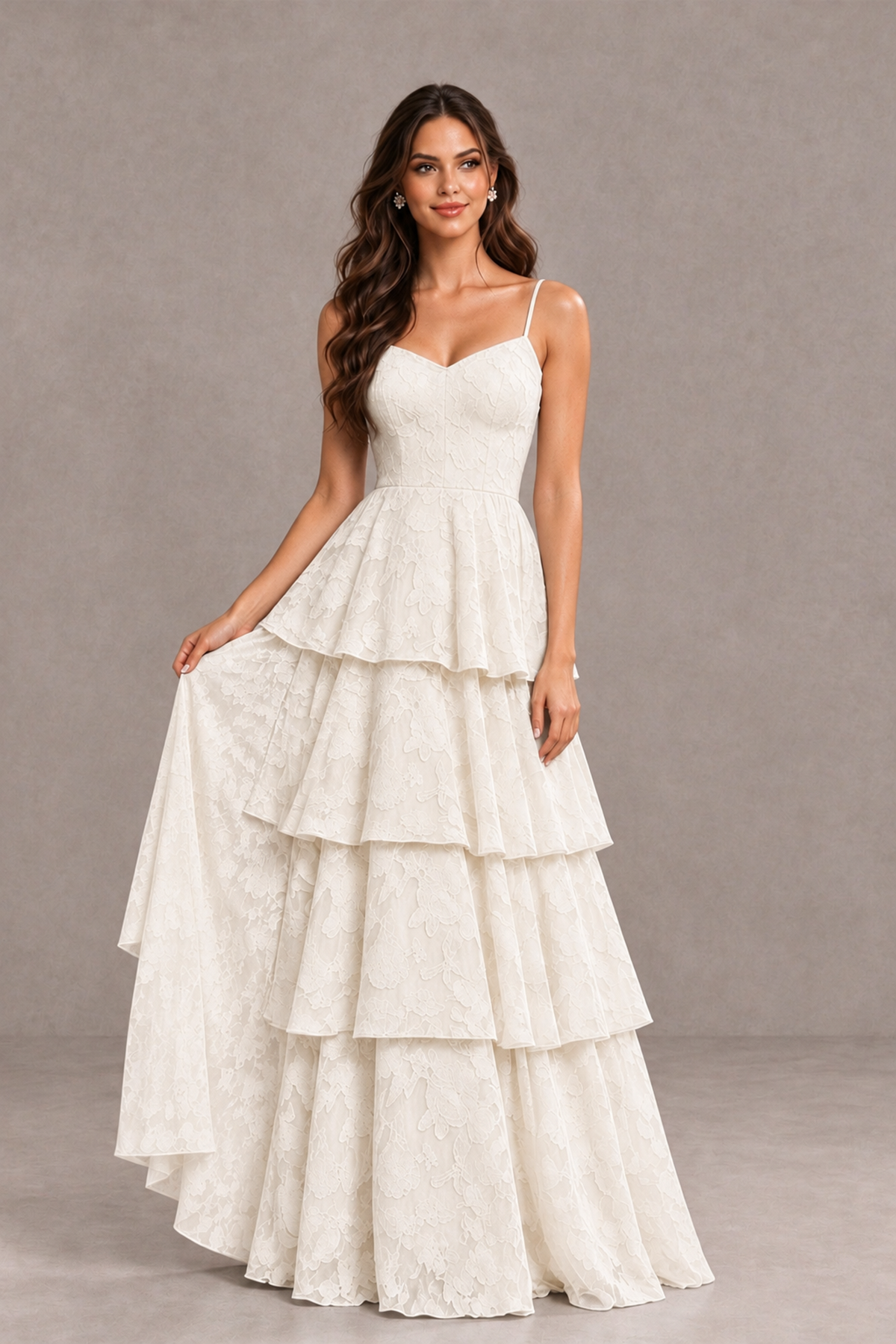 BOLODOO Ivory Tiered Floral-Textured Spaghetti Strap Maxi Dress - Ivory - Ivory_3
