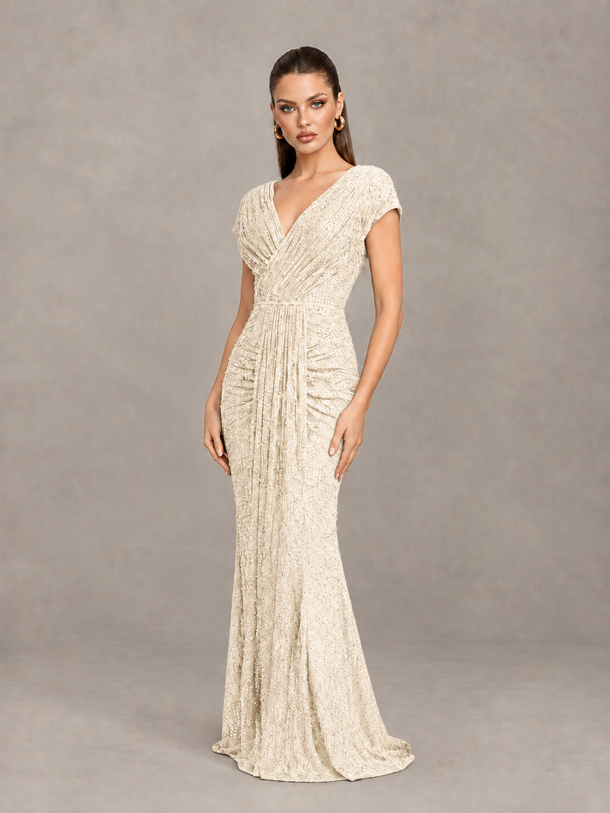 BOLODOO Ivory Glitter V-Neck Cap Sleeve Ruched Mermaid Evening Gown - Ivory - Ivory_3
