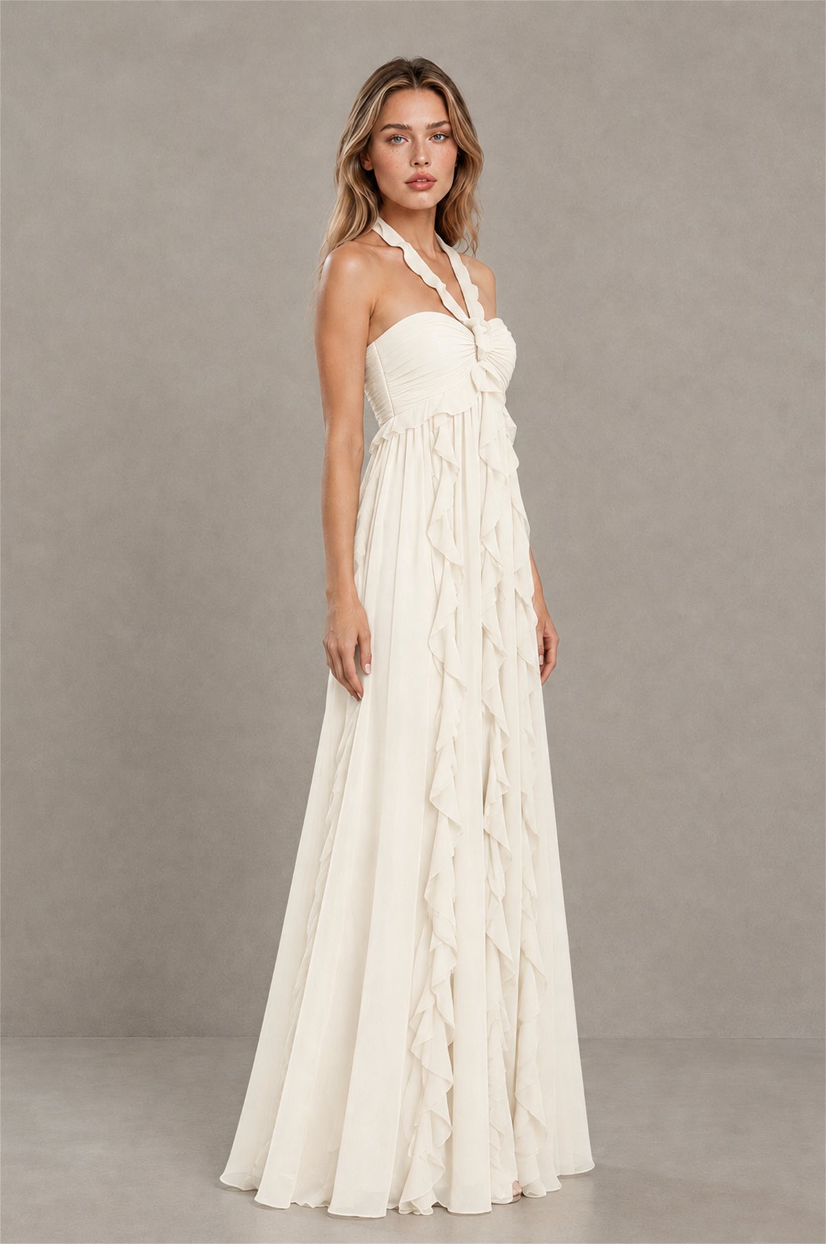 BOLODOO Ivory Halter Ruffle A-Line Floor-Length Evening Dress - Ivory - Ivory_3