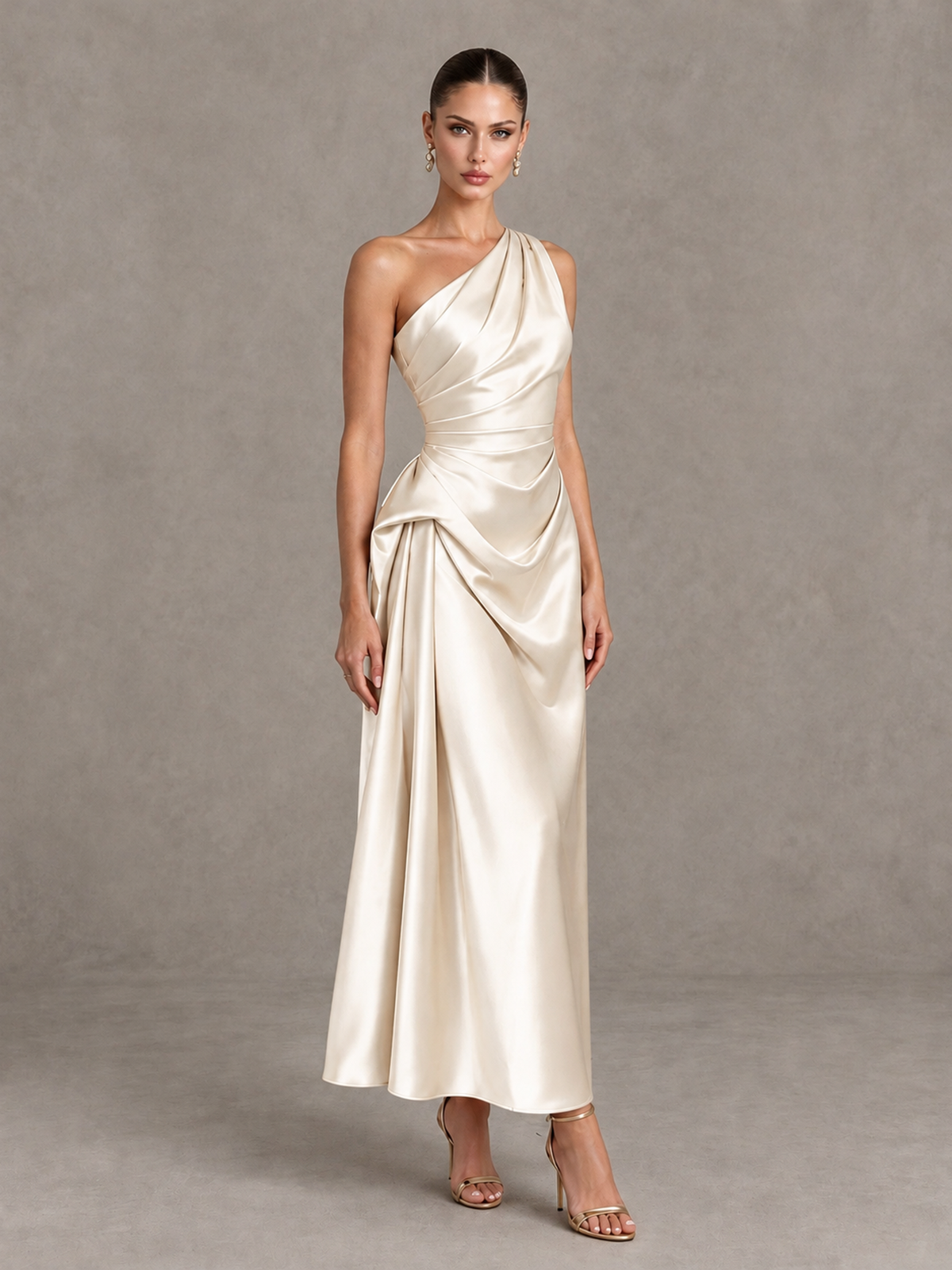 BOLODOO Ivory One Shoulder Satin Cocktail Dress with Draped A-Line Skirt - Ivory - Ivory_3