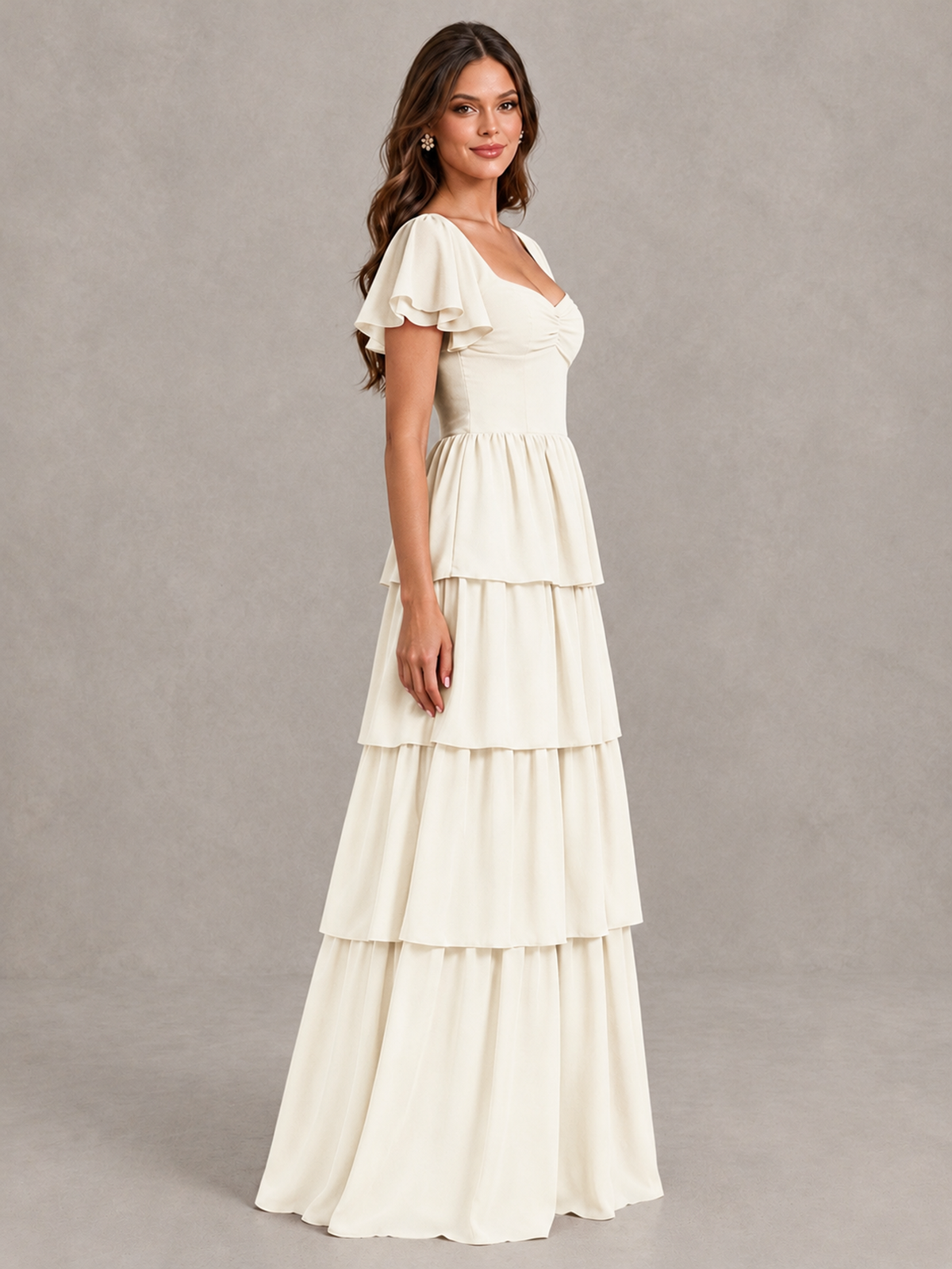 BOLODOO Ivory Flutter Sleeve Tiered Maxi Bridesmaid Dress - Ivory - Ivory_3