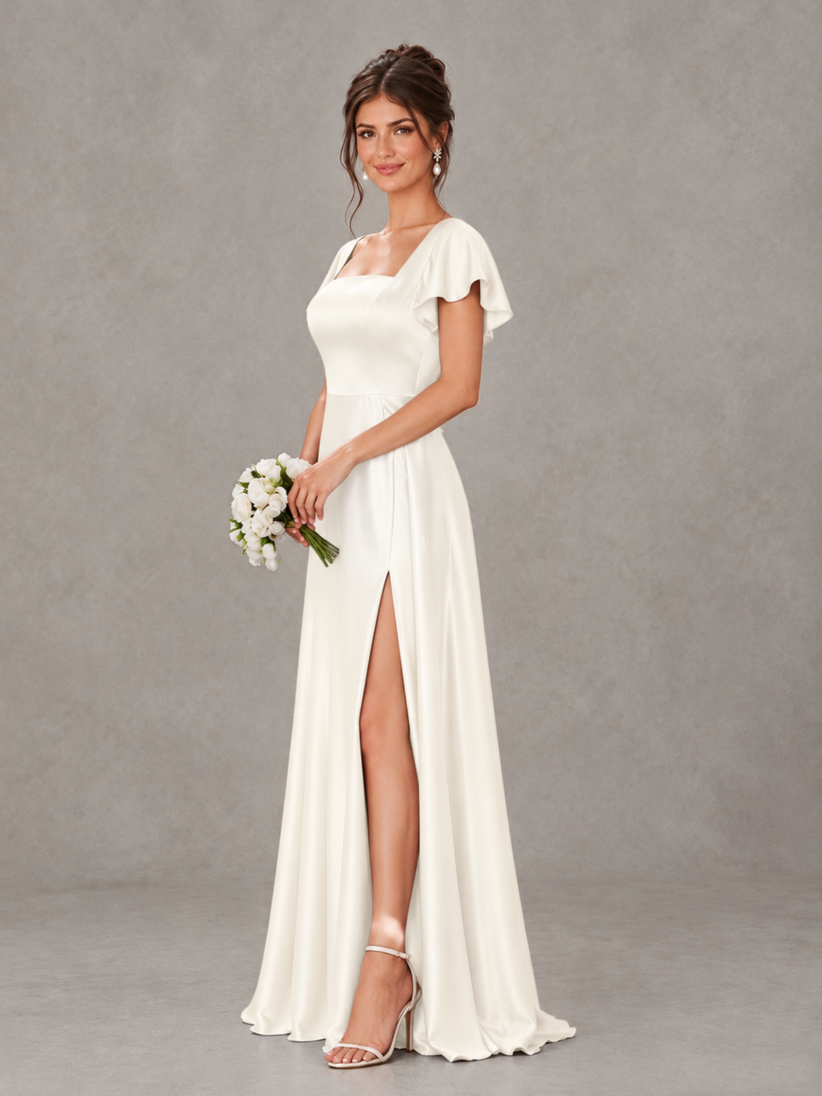 BOLODOO Ivory Satin Square Neck Flutter Sleeve A-Line Bridesmaid Dress with Slit - Ivory - Ivory_3
