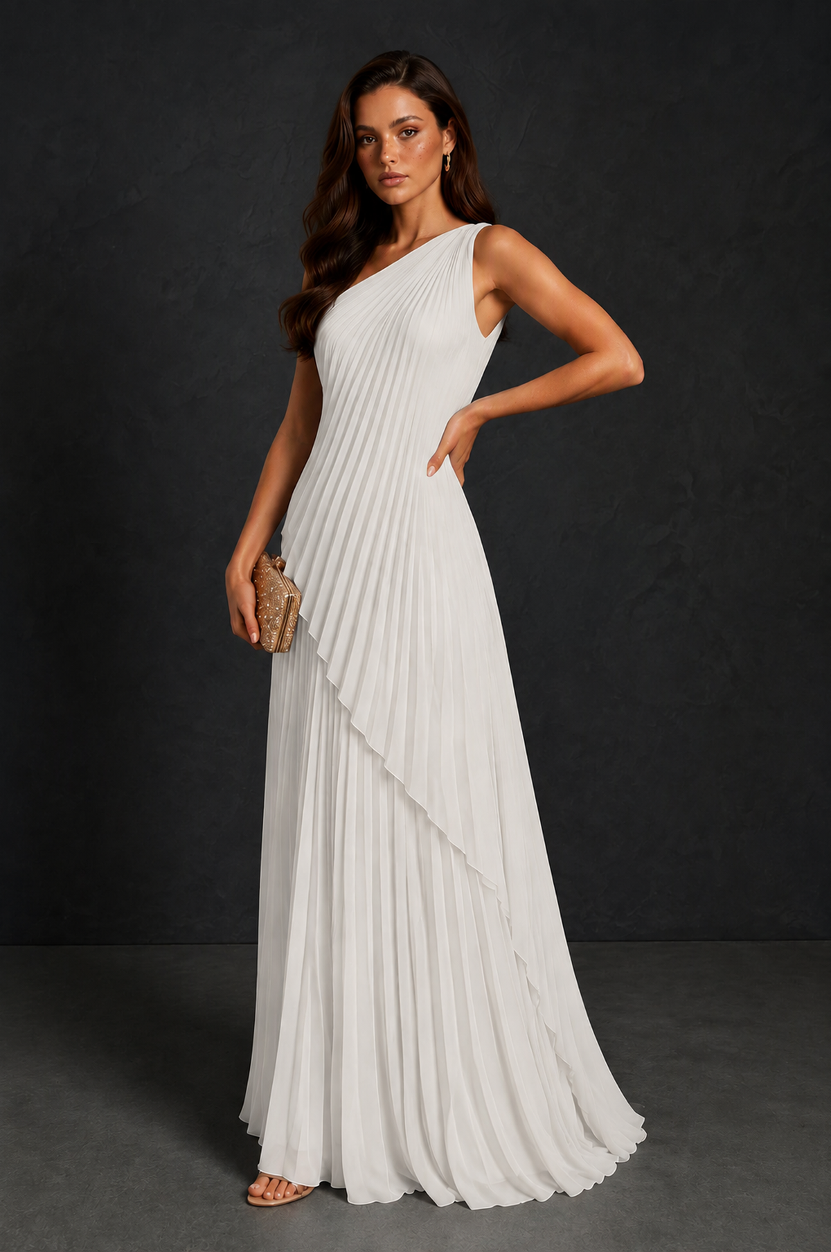 BOLODOO Ivory One-Shoulder Sunburst Pleated Asymmetric Layered Overlay Accordion Pleated Chiffon Maxi Dress - Ivory