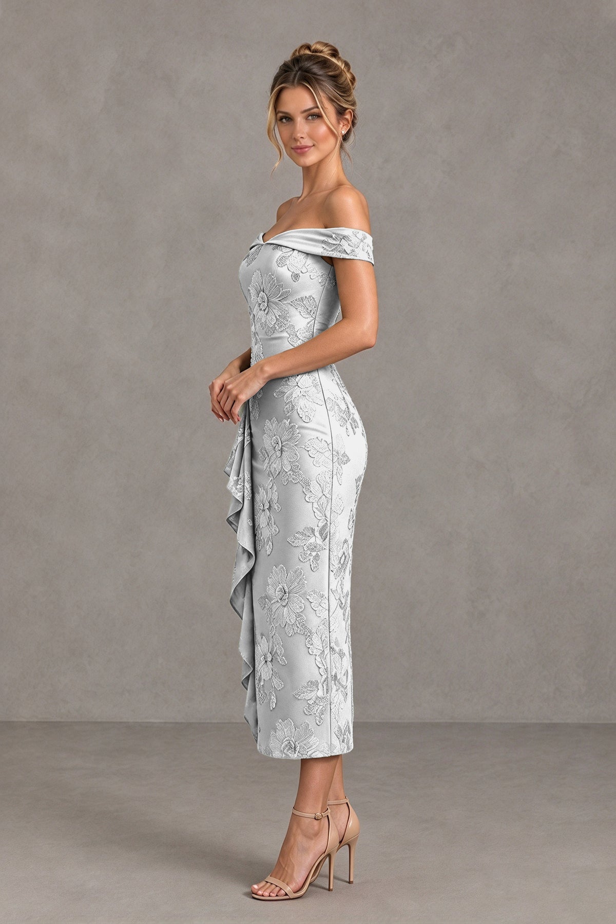 BOLODOO Ivory Off Shoulder Floral Jacquard Midi Dress - Ivory - Ivory(3)