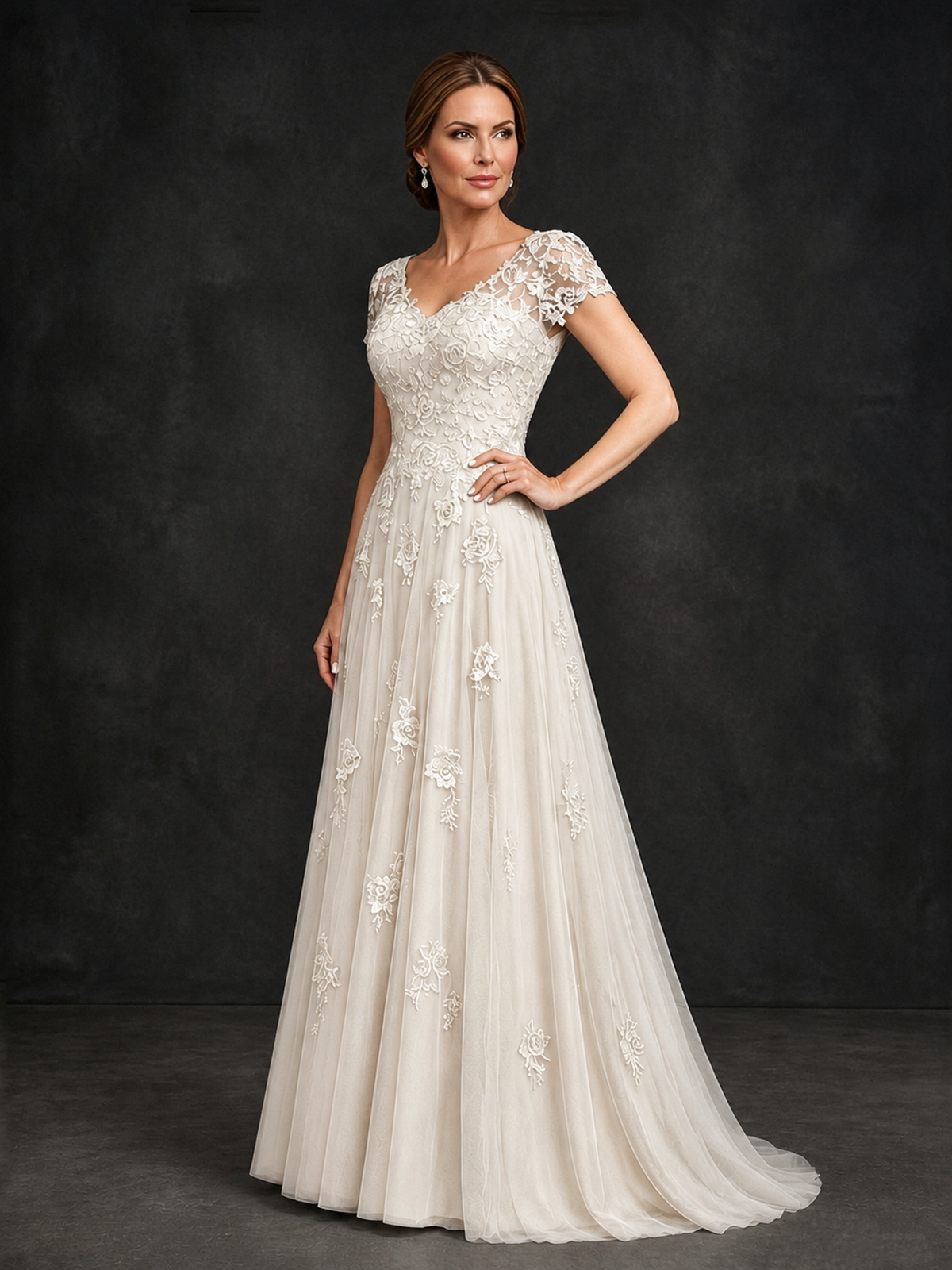 BOLODOO Ivory Cap Sleeve Lace Appliqué A-Line Formal Gown | Mother of the Bride Dress - Ivory - Ivory_3