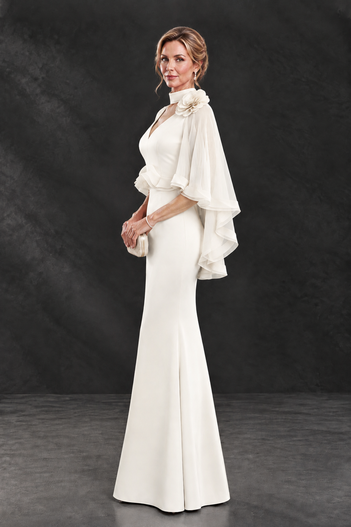 BOLODOO Ivory Floral Cape Sleeve Mother of the Bride Dress - Ivory - Ivory_3