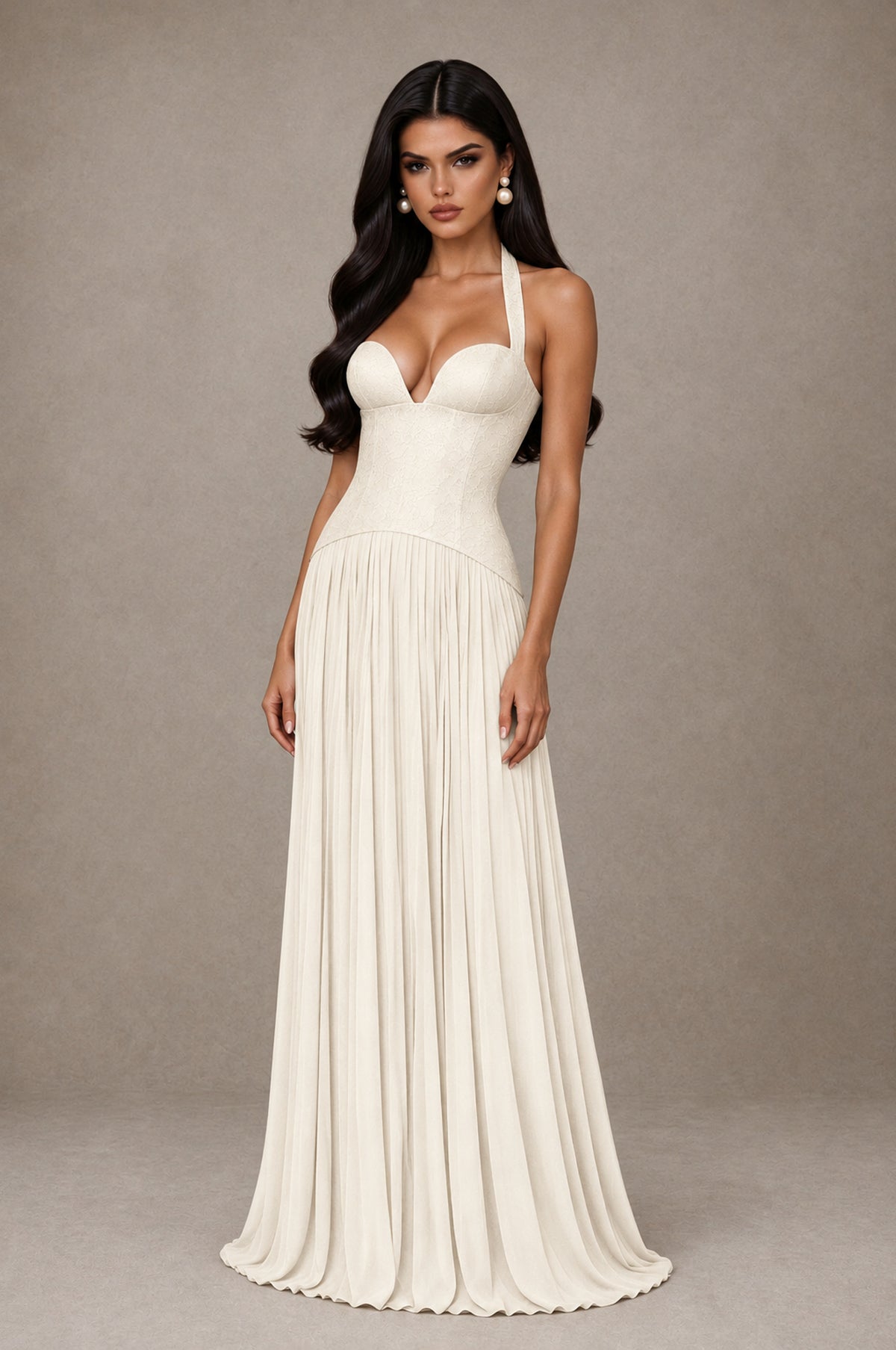 BOLODOO Ivory Halter Corset Pleated A-Line Evening Dress - Ivory - Ivory_3
