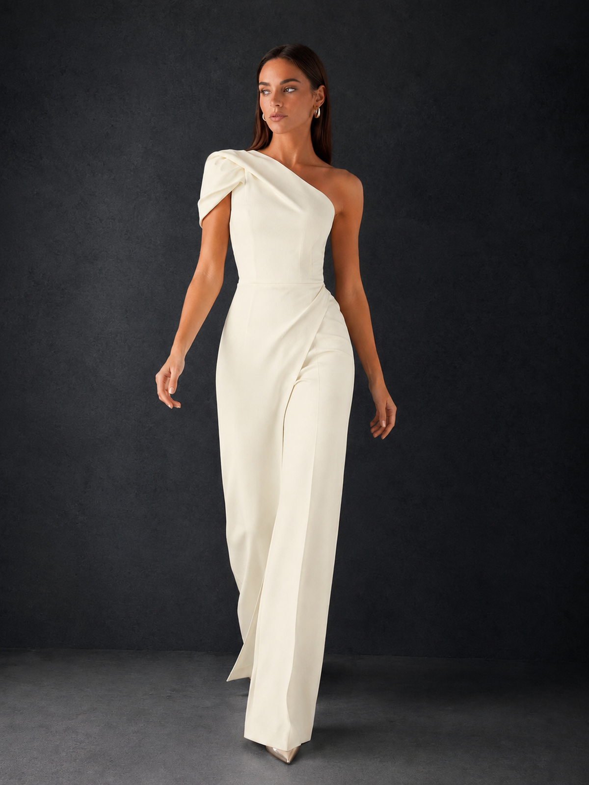 BOLODOO Ivory One-Shoulder Puff Sleeve Wide-Leg Jumpsuit with Front Slit and Open Back - Ivory