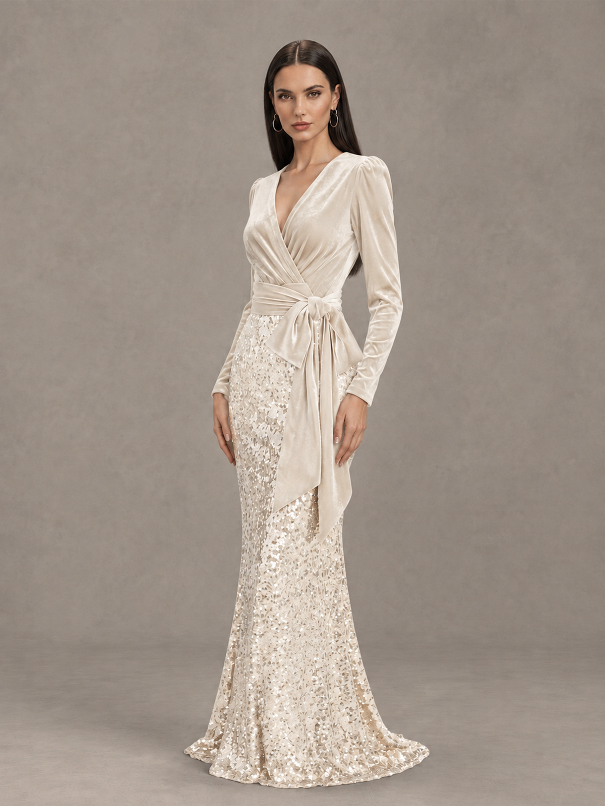 BOLODOO Ivory Velvet & Sequin Long Sleeve V-Neck Mermaid Evening Gown - Ivory - Ivory_3