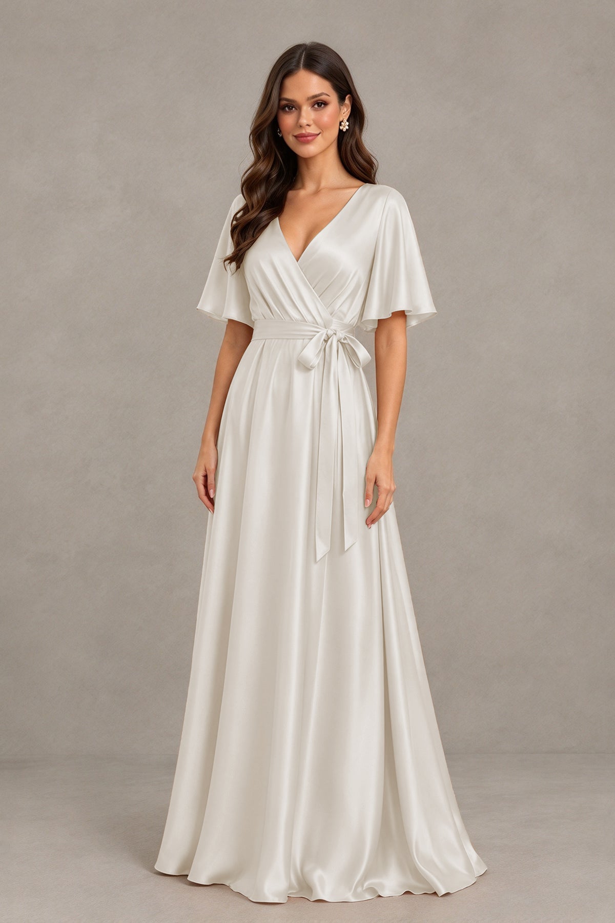 BOLODOO Ivory Satin V-Neck Flutter Sleeve Bridesmaid Dress with Slit - Ivory - Ivory(3)