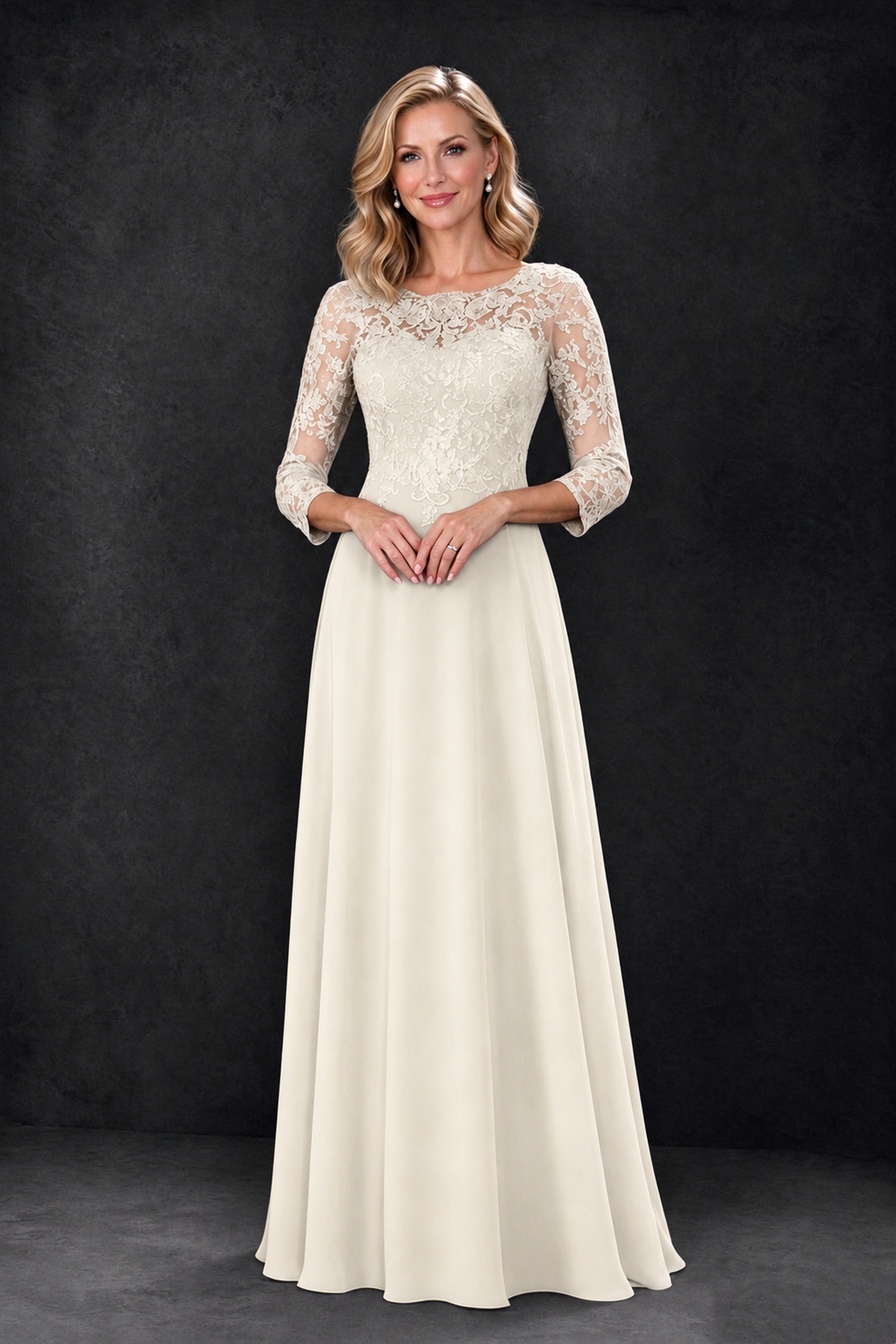 BOLODOO Ivory Lace Embroidered Mother of the Bride Dress with 3/4 Sleeves - Ivory - Ivory_3