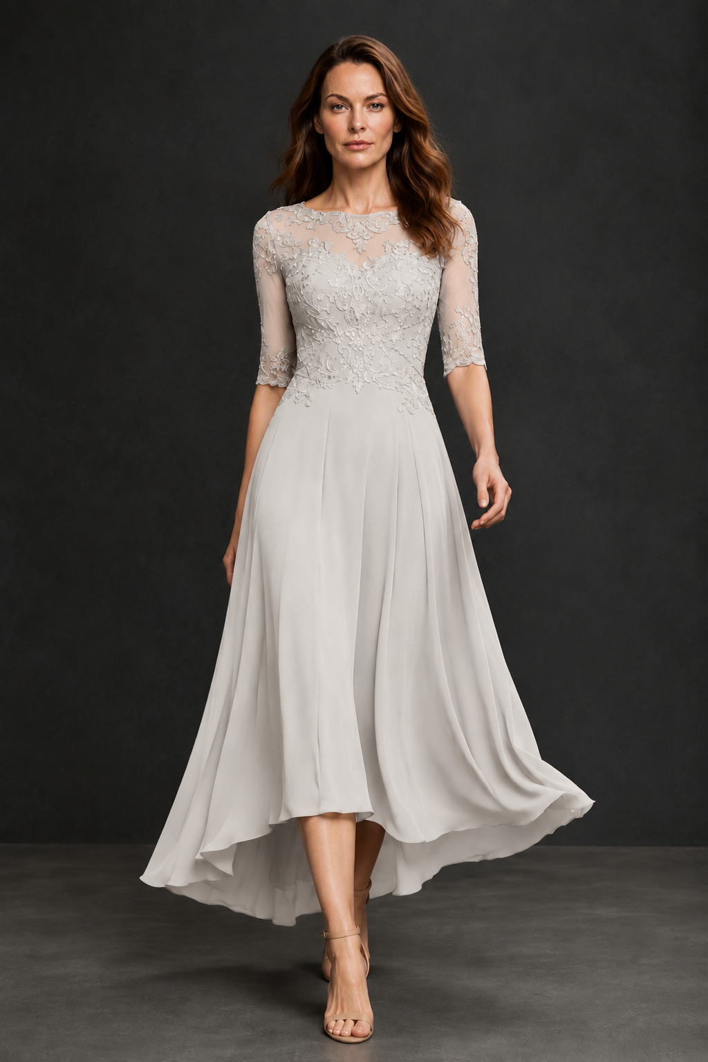 BOLODOO Ivory Illusion Lace 3/4 Sleeve Hi-Lo Chiffon A-Line Dress | Mother of the Bride Tea Length Dress - Ivory