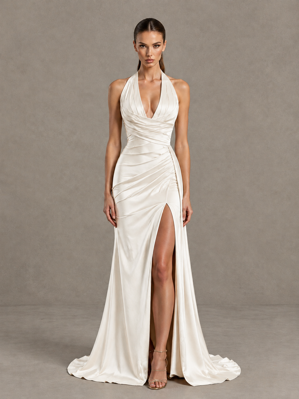 BOLODOO Ivory Halter Satin Evening & Prom Dress with High Slit - Ivory - Ivory_3