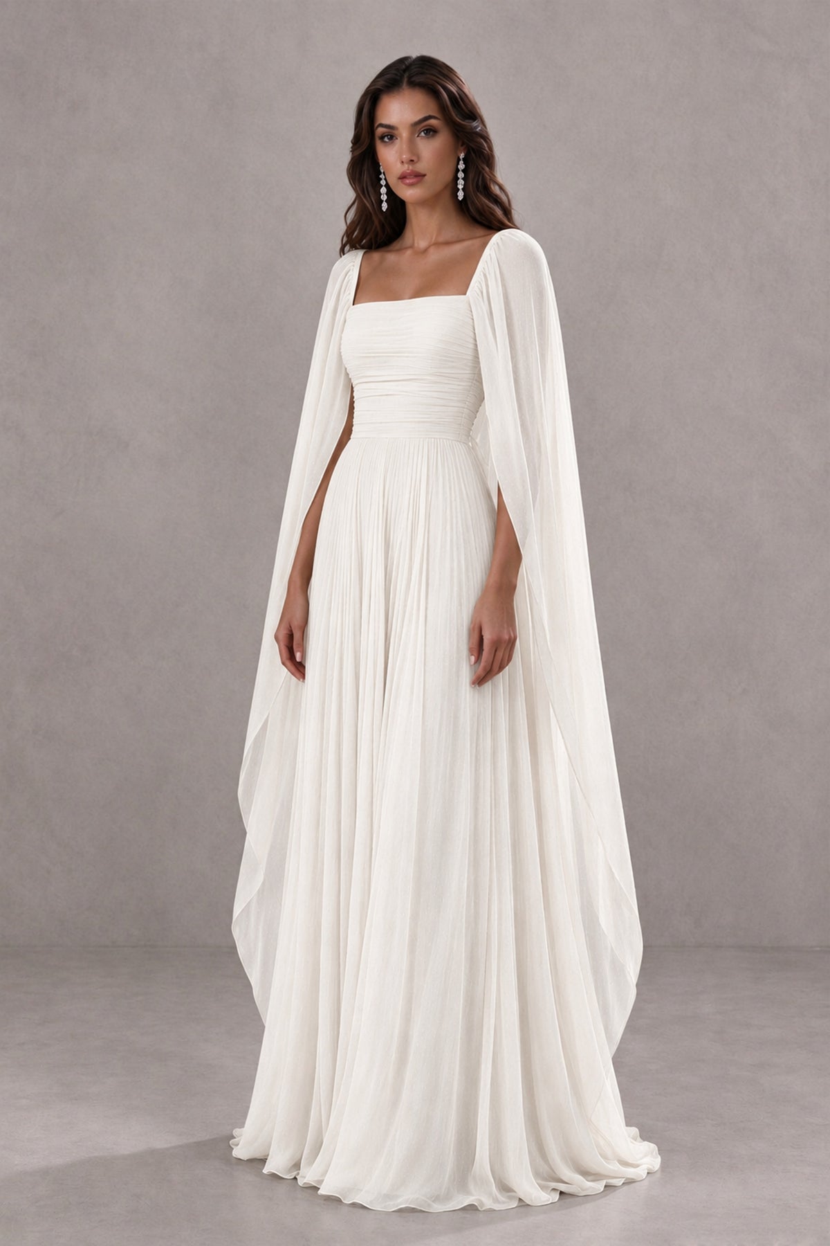 BOLODOO Ivory Square Neck Cape Sleeve A-Line Evening Dress - Ivory - Ivory_3