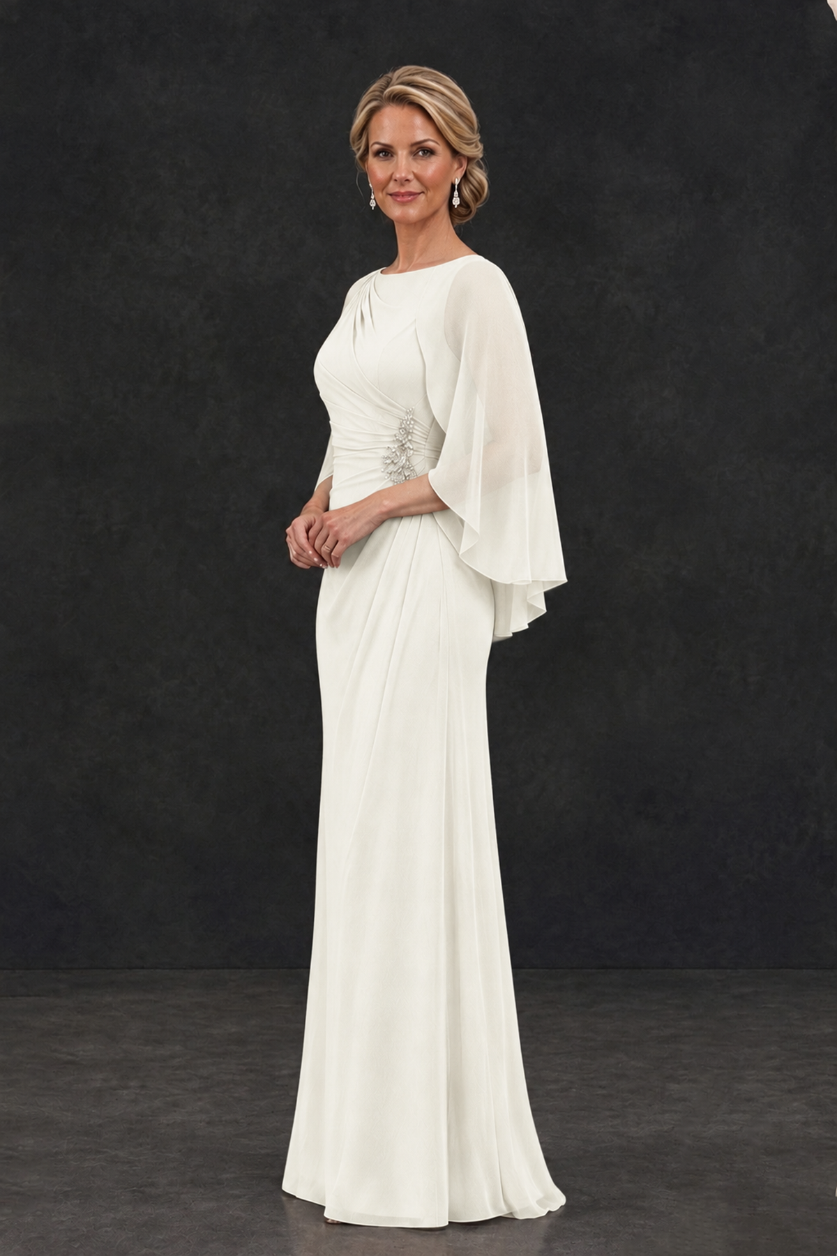 BOLODOO Ivory Cape Sleeve Mother of the Bride Dress with Ruched Waist - Ivory - Ivory_3