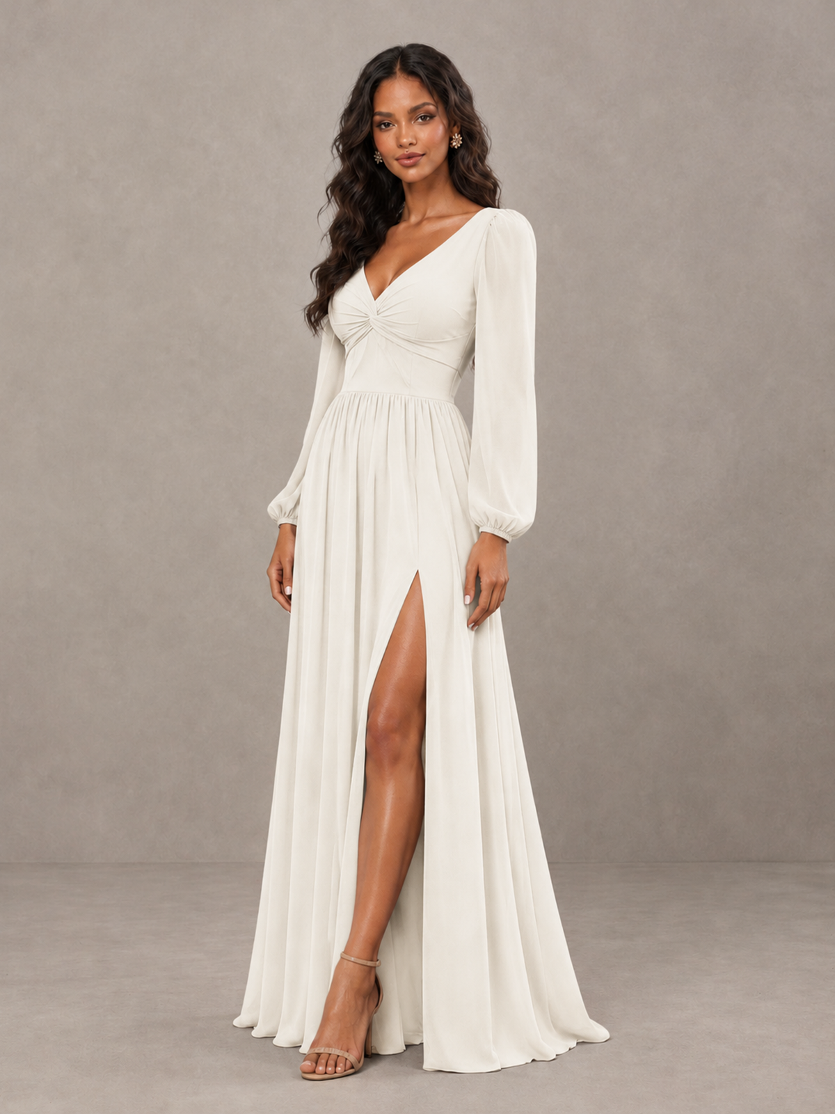 BOLODOO Ivory V-Neck Long Sleeve Bridesmaid Dress with Tie Back and Slit - Ivory - Ivory_3