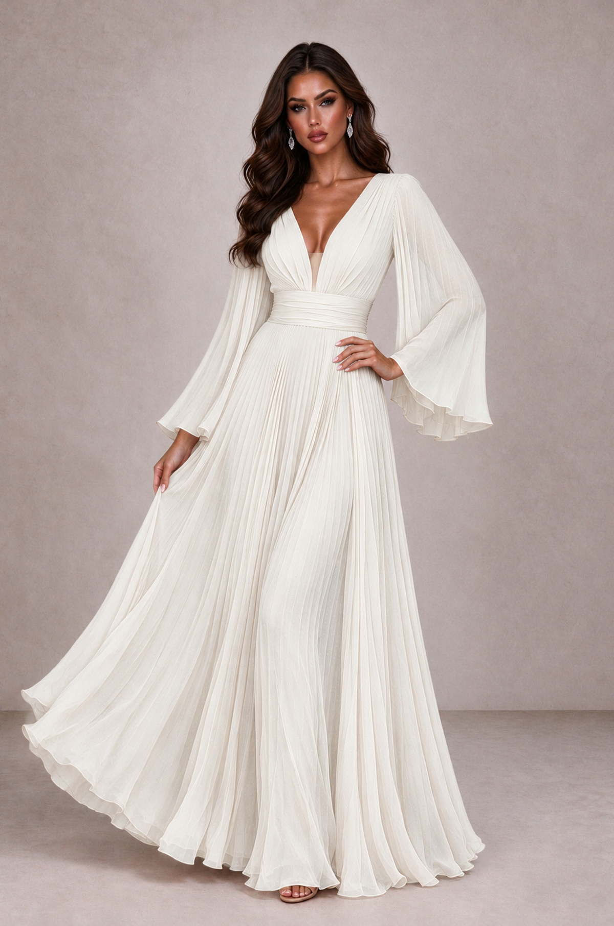 BOLODOO Ivory Pleated Deep V-Neck Long Bell Sleeve Evening Dress - Ivory - Ivory_3