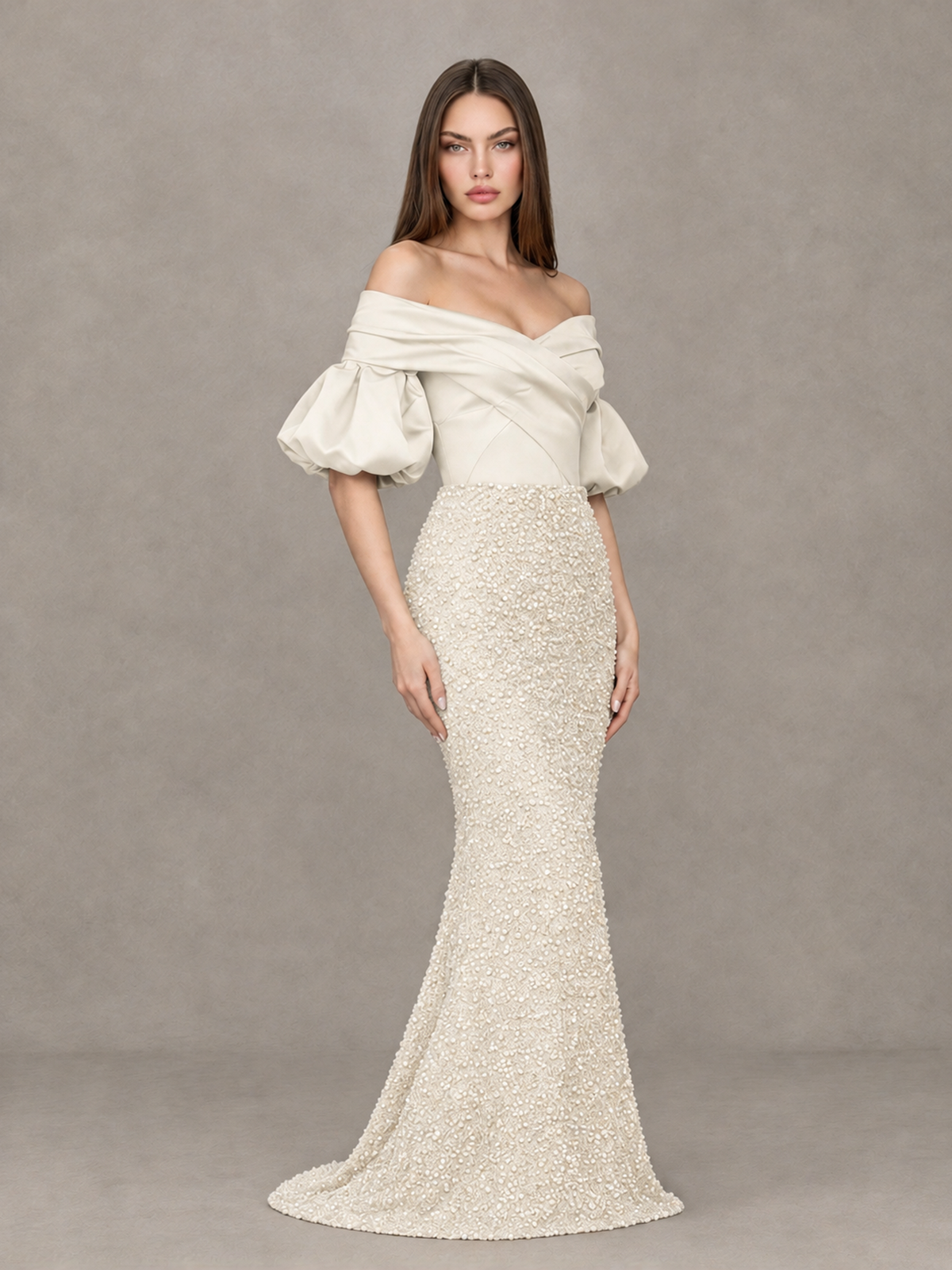 BOLODOO Ivory Off-Shoulder Puff Sleeve Sequin Mermaid Evening Dress - Ivory - Ivory_3