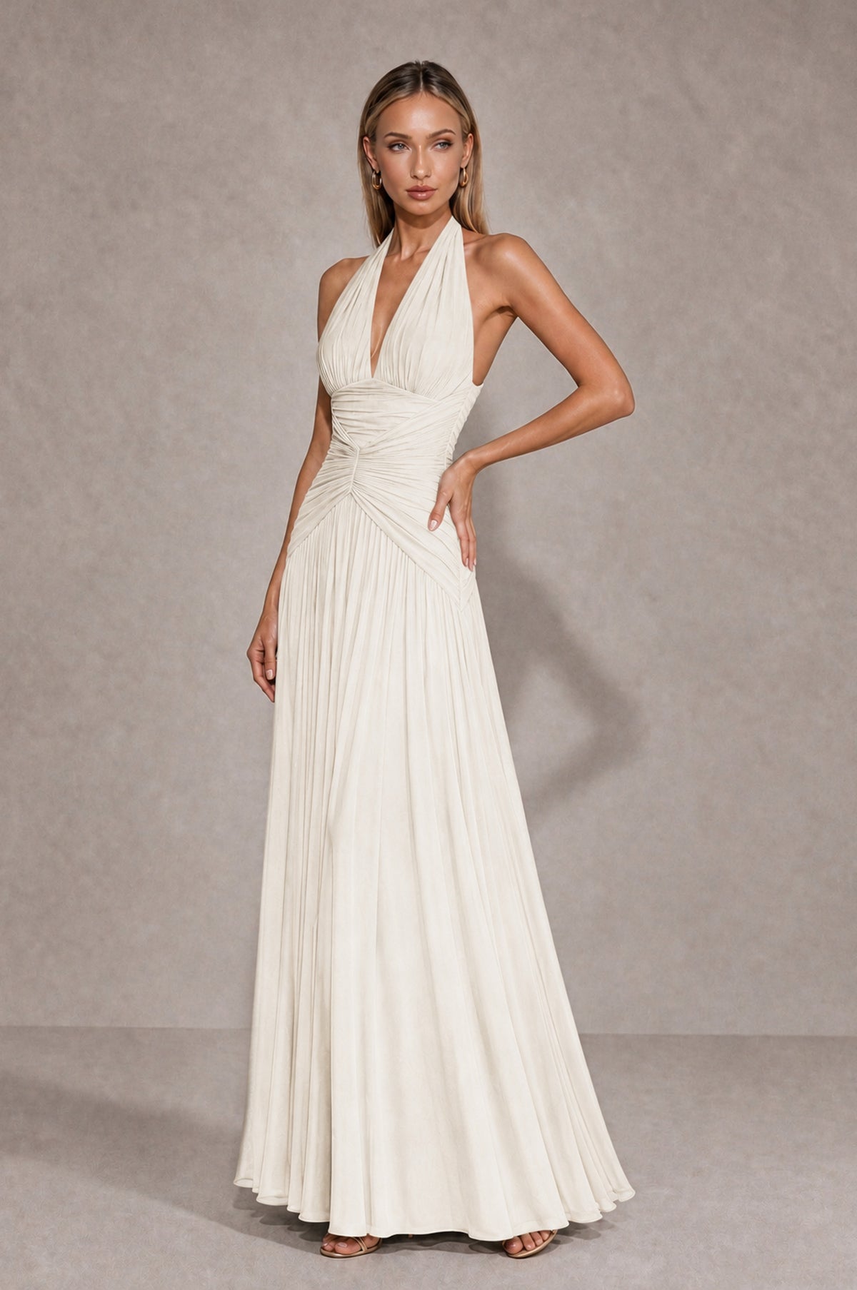 BOLODOO Ivory Chiffon Halter Deep V-Neck Ruched A-Line Backless Maxi Dress with Train-BD0167 - Ivory - Ivory_3