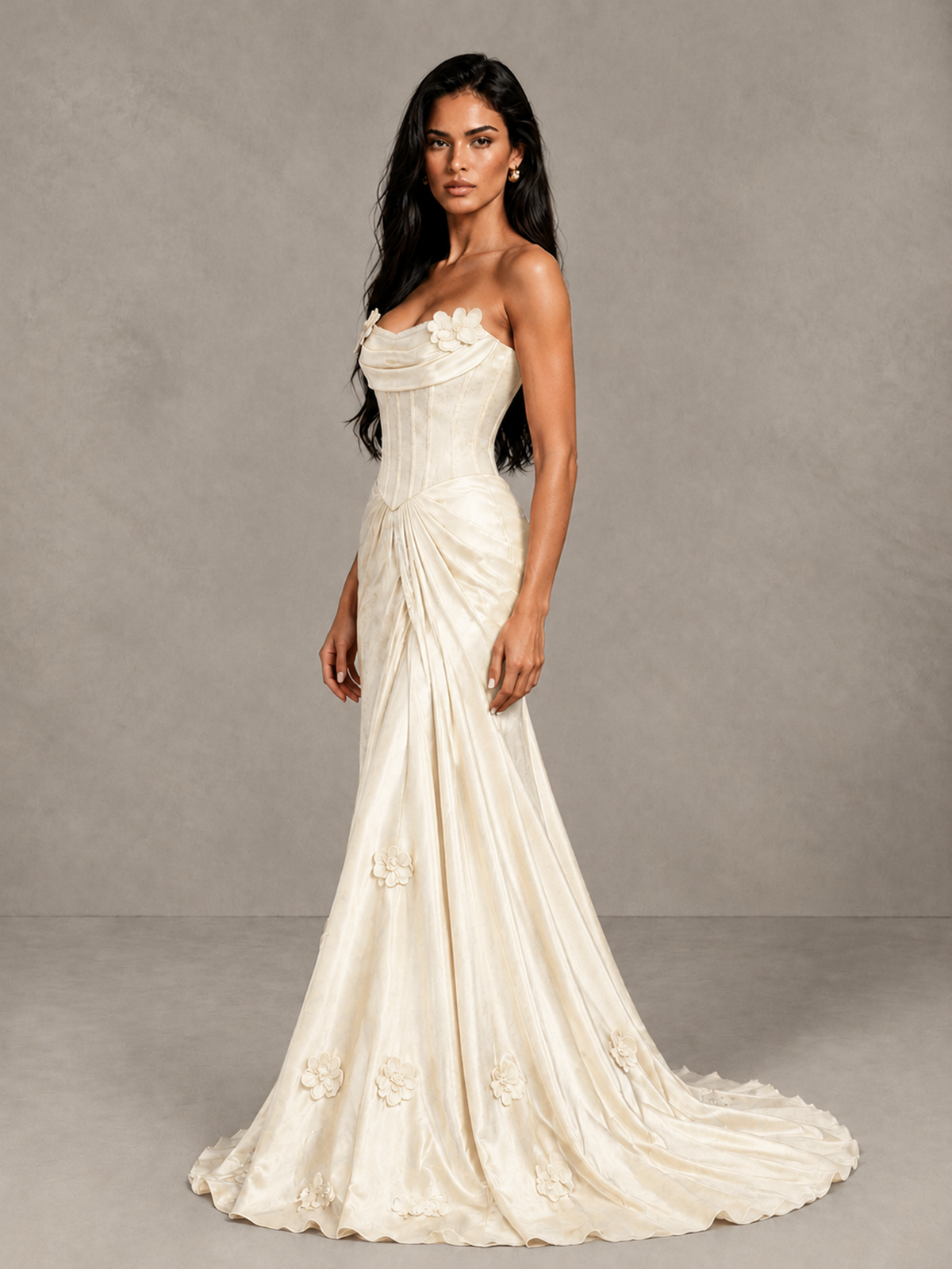 BOLODOO Ivory Strapless Floral Corset Evening Gown with Train - Ivory - Ivory_3