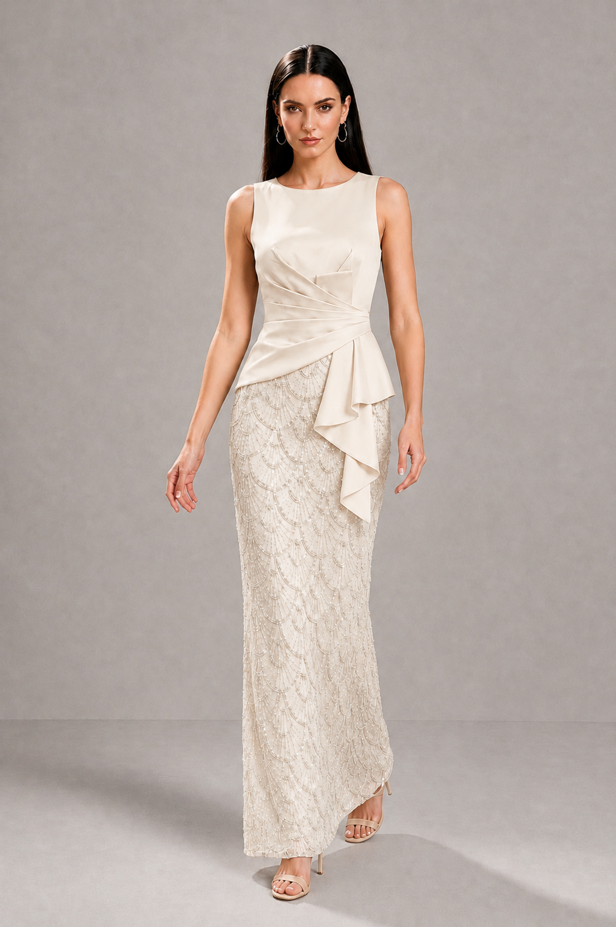 BOLODOO Ivory Sleeveless Satin & Lace Peplum Evening Dress - Ivory - Ivory_3
