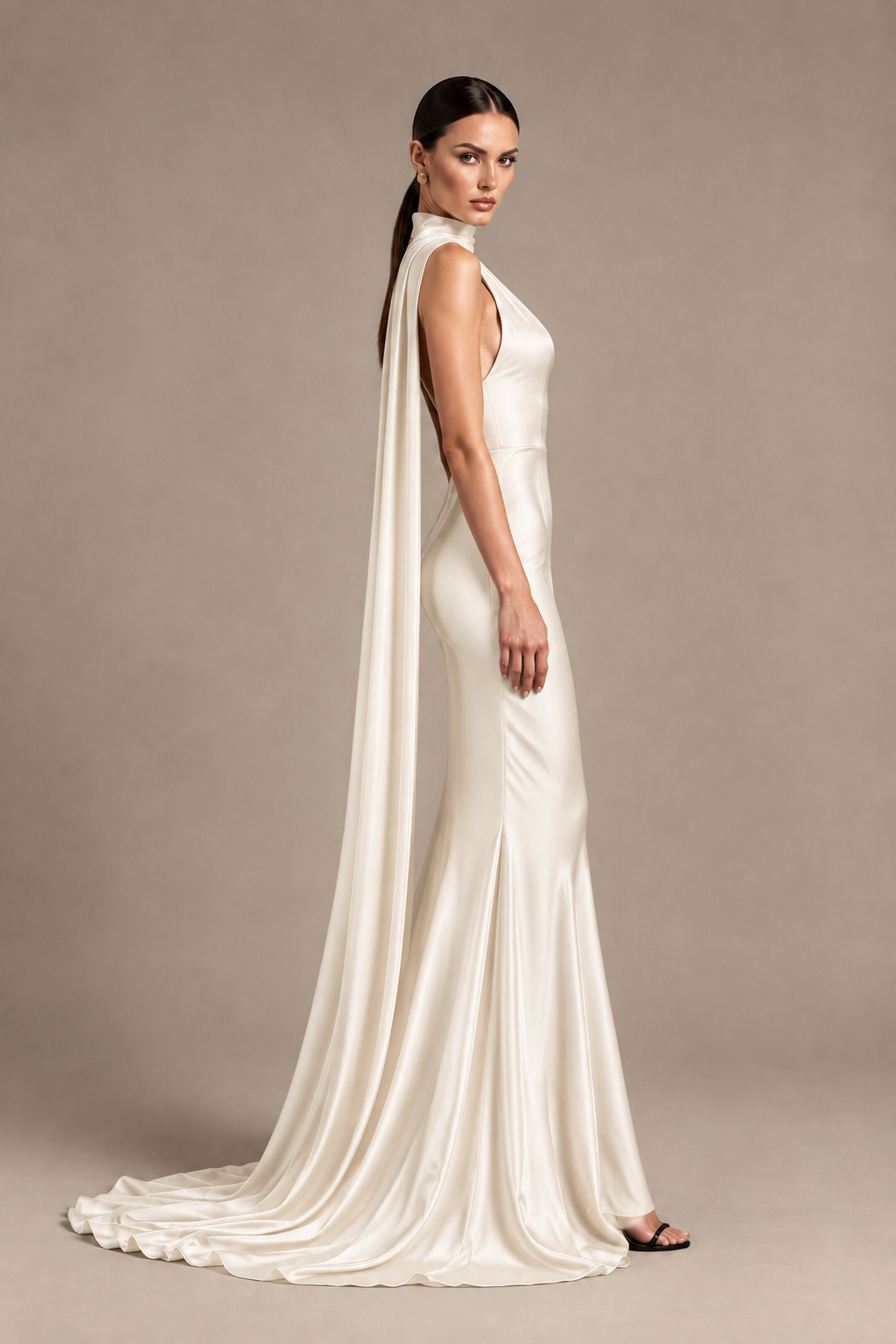 BOLODOO Ivory One-Shoulder Satin Mermaid Evening Dress with Scarf - Ivory - Ivory_3