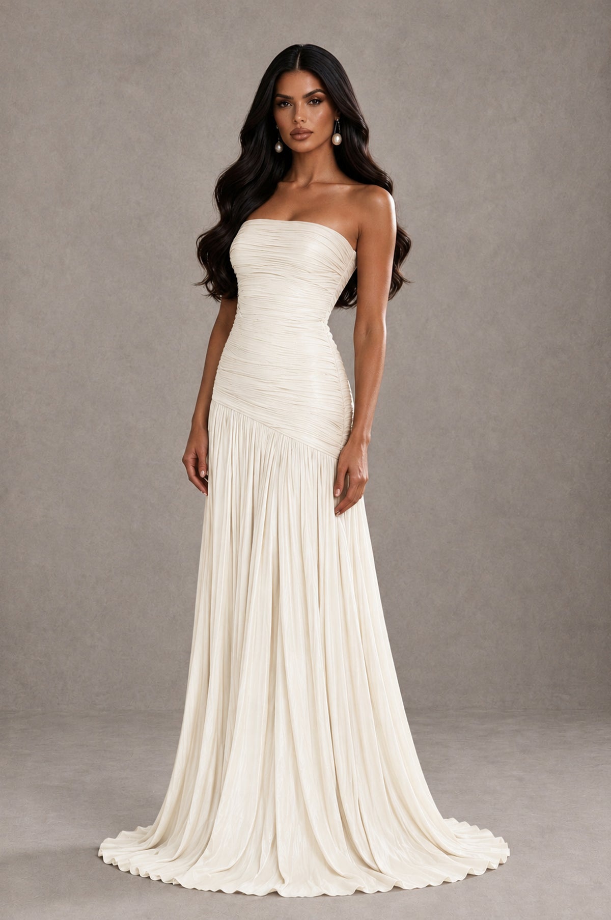 BOLODOO Ivory Metallic Ruched Strapless Pleated A-Line Backless Maxi Dress with Train - Ivory - Ivory_3