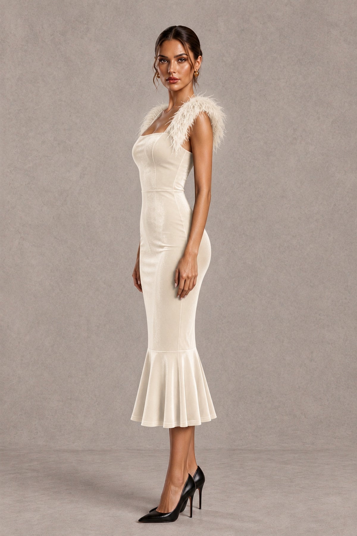 BOLODOO Ivory Feather-Trim Velvet-Look Mermaid Midi Dress - Ivory - Ivory_3