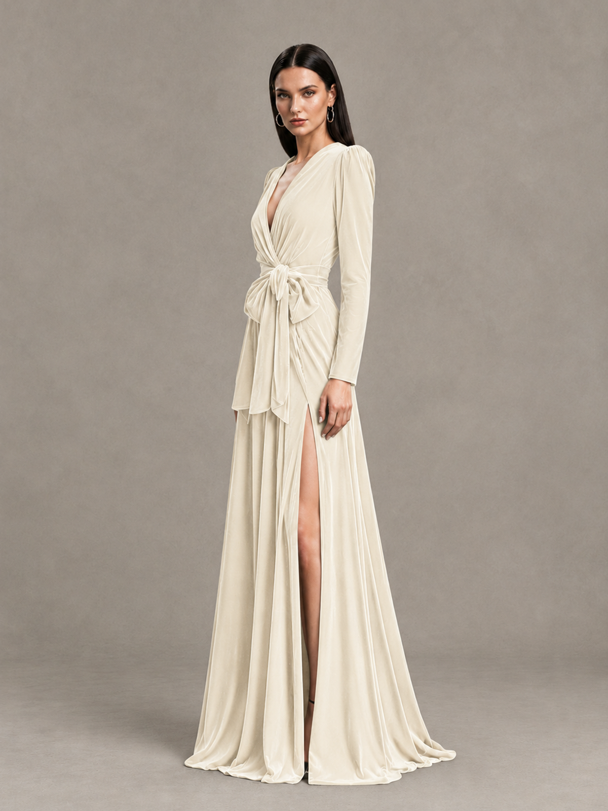 BOLODOO Ivory Long Sleeve Velvet-Look Evening Dress with High Slit - Ivory - Ivory_3
