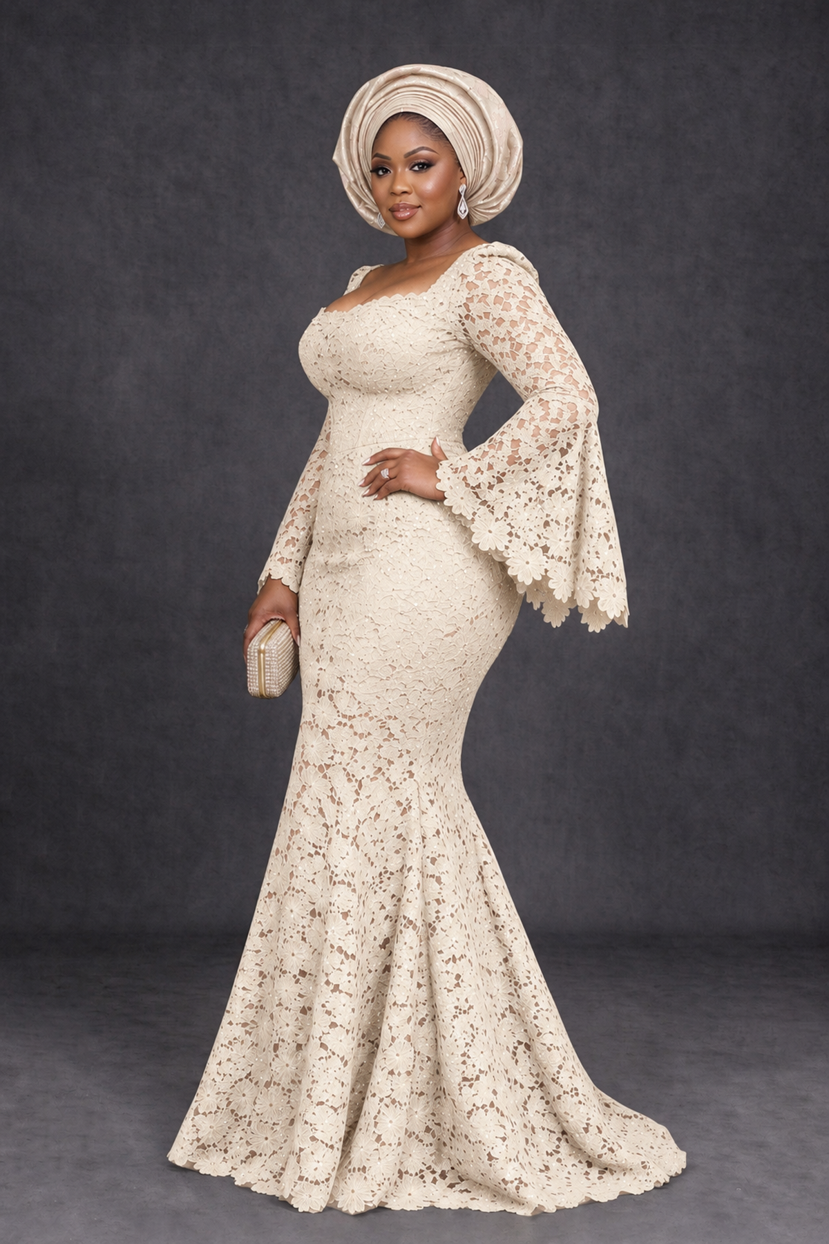 BOLODOO Ivory African Lace Mermaid Dress, Plus Size Nigerian Wedding Guest Gown with Bell Sleeves - Ivory - Ivory_3