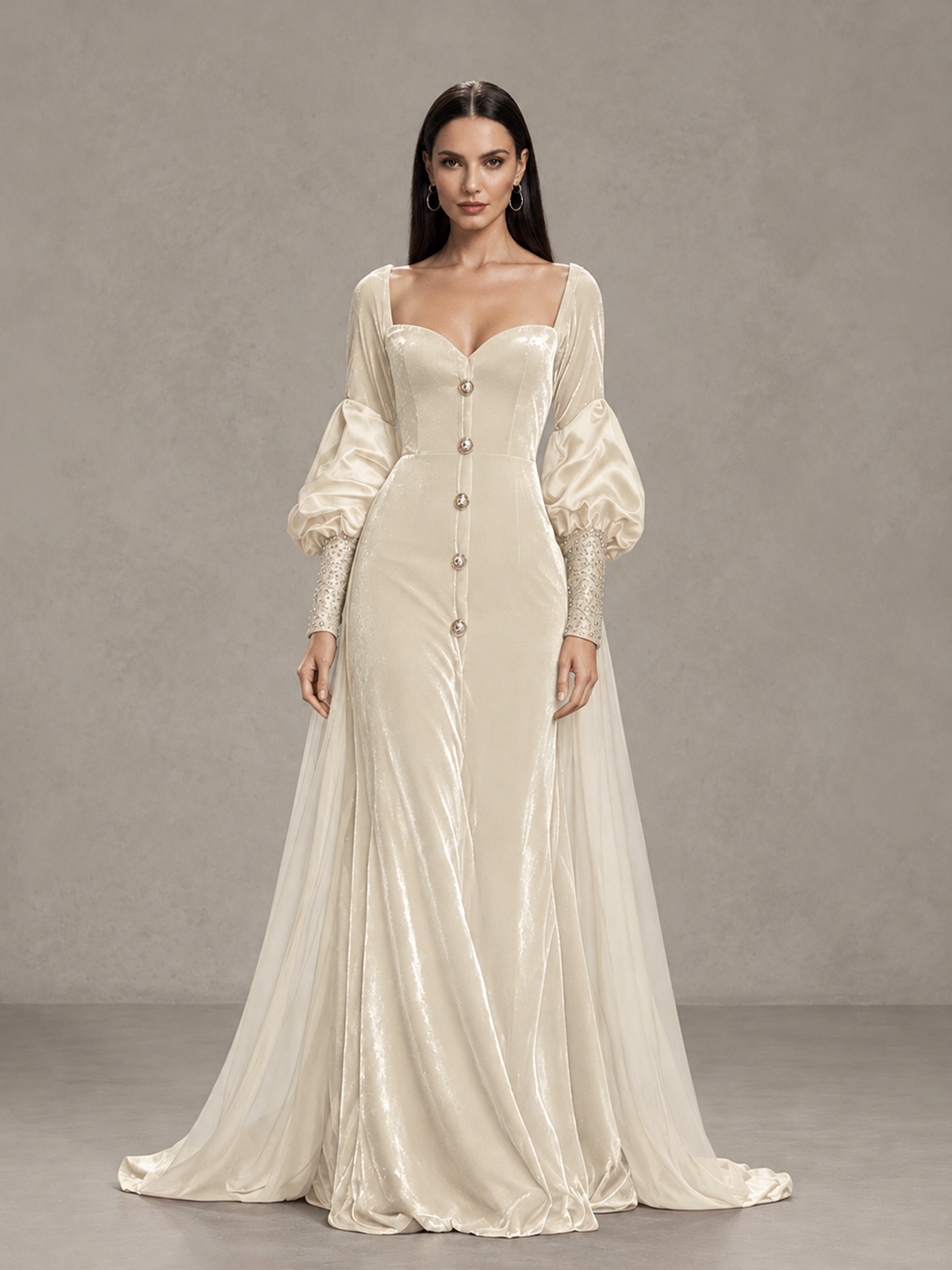 BOLODOO Ivory Velvet Long Sleeve Open-Back Evening Gown - Ivory - Ivory_3