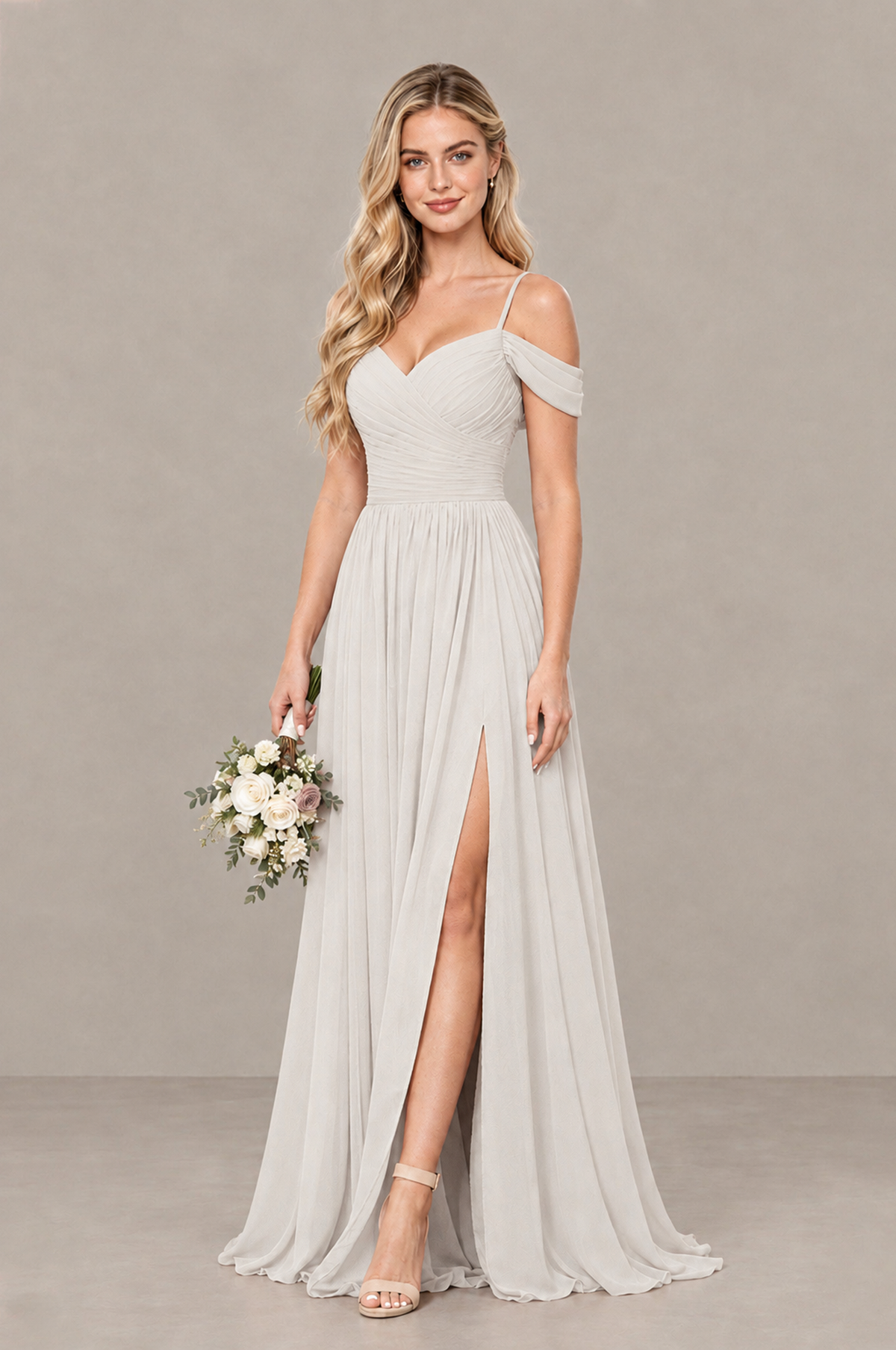 BOLODOO Ivory Off-Shoulder Bridesmaid Dress with Slit - Ivory
