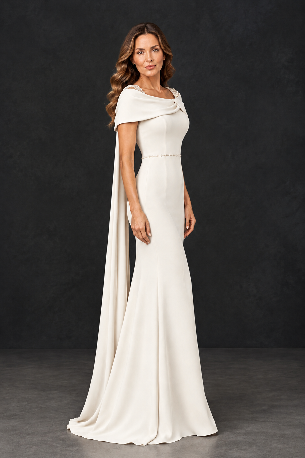 BOLODOO Ivory Mother of the Bride Dress with Draped Cape Detail - Ivory - Ivory_3