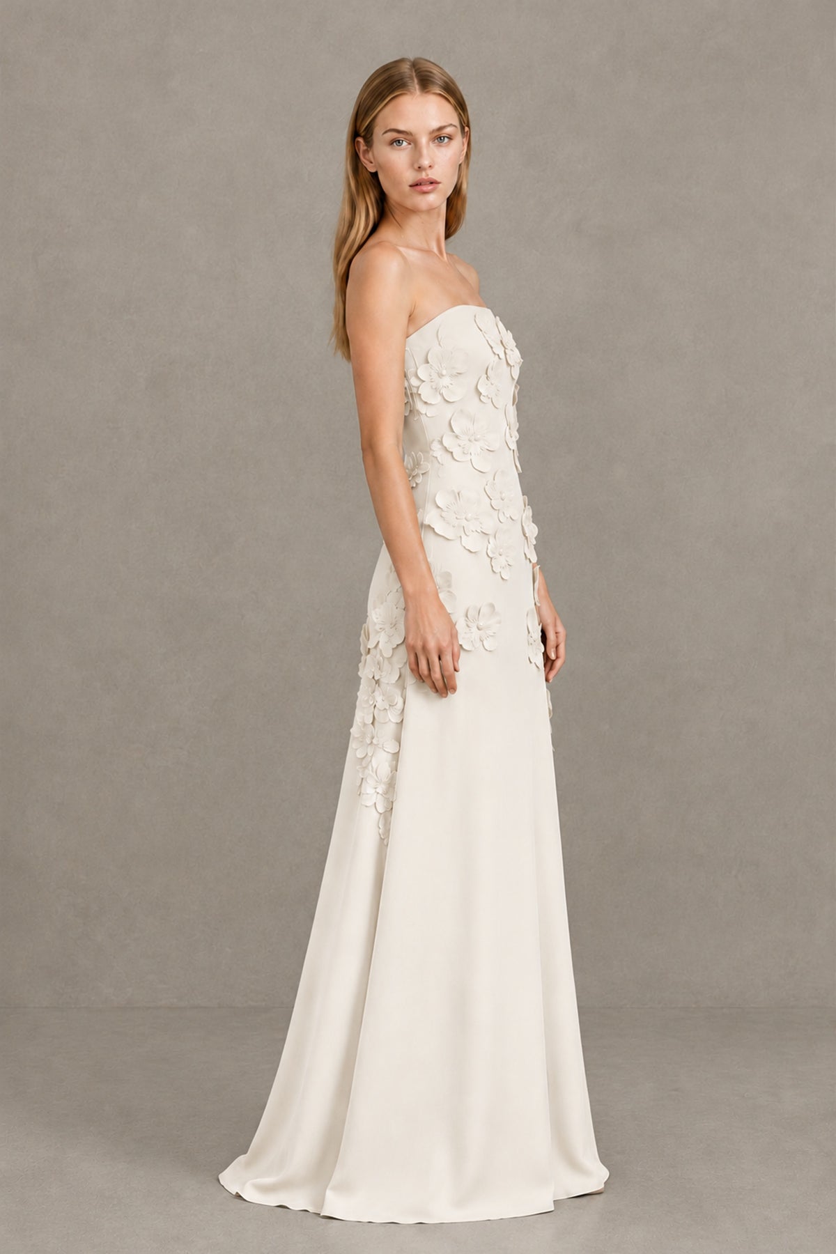 BOLODOO Ivory Strapless 3D Floral Appliqué Crepe Maxi Gown - Ivory - Ivory_3