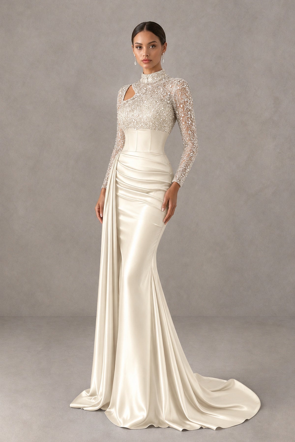 BOLODOO Ivory Long Sleeve Embellished Satin Mermaid Evening Gown - Ivory - Ivory_3