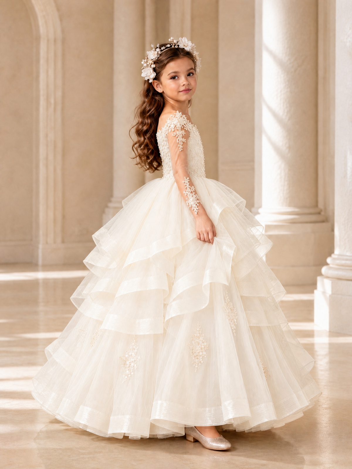 BOLODOO Ivory Lace Long Sleeve Tiered Flower Girl Dress - Ivory - Ivory_3