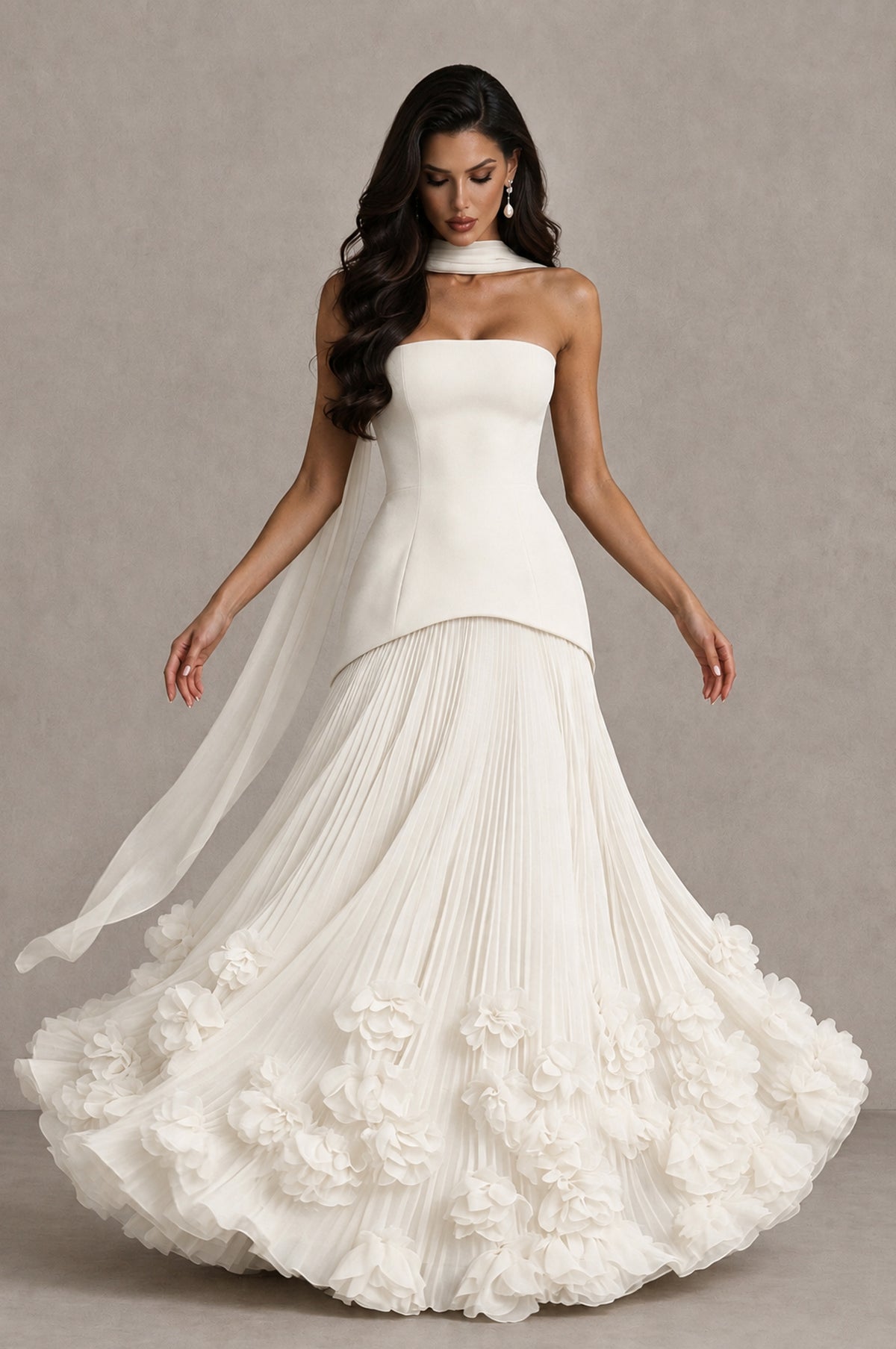 BOLODOO Ivory Strapless Pleated Floral Hem Evening Gown - Ivory - Ivory_3