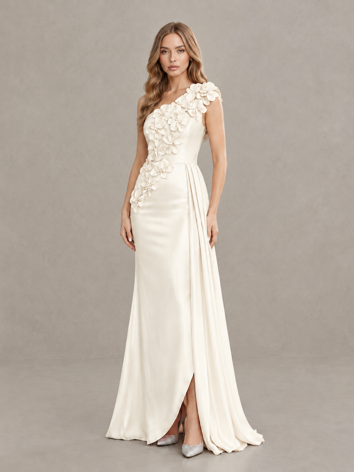 BOLODOO Ivory One-Shoulder Satin Mermaid Evening Gown with 3D Floral Appliqué - Ivory - Ivory_3