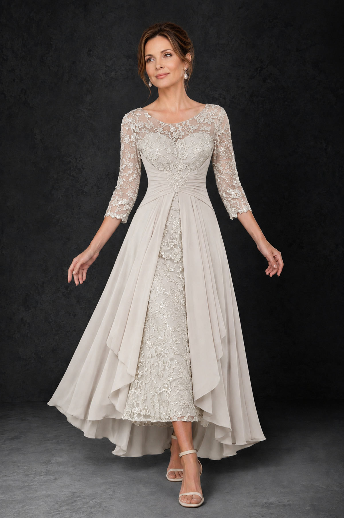 BOLODOO Ivory Sequin Lace & Chiffon Tea-Length Mother of the Bride Dress with 3/4 Sleeves - Ivory