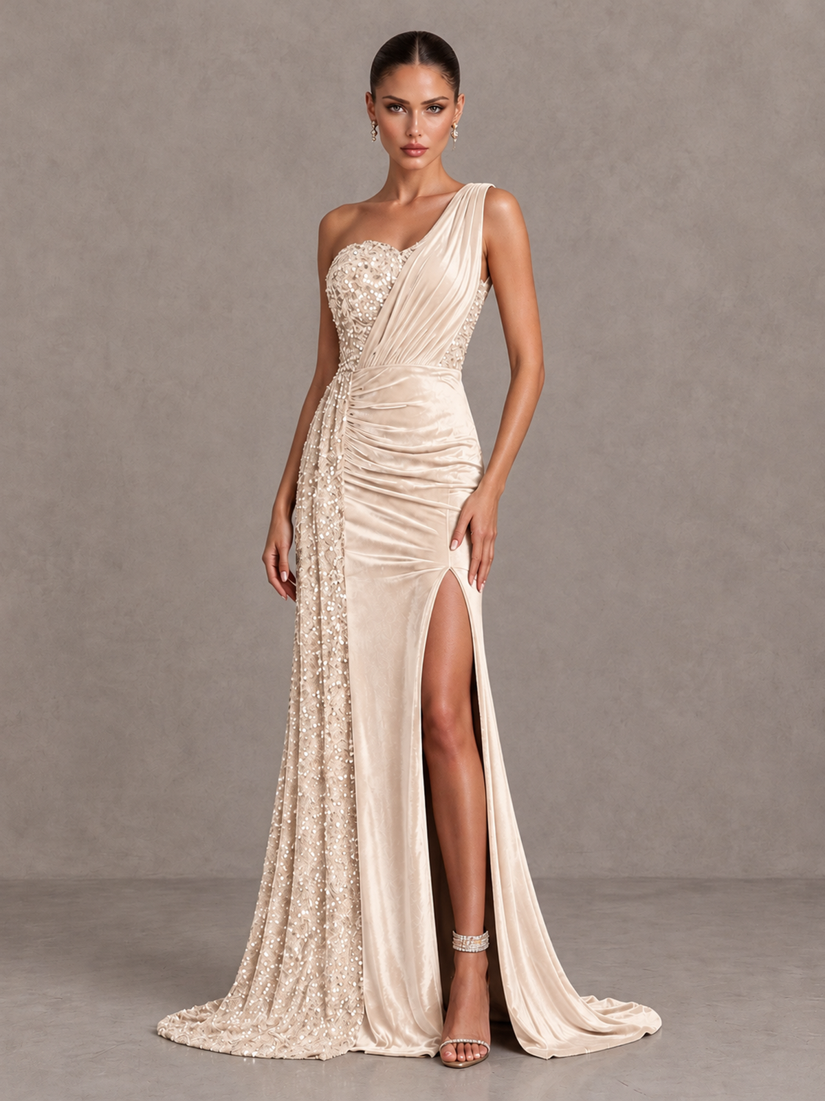 BOLODOO Ivory One-Shoulder Satin Sequin Gown with High Slit - Ivory - Ivory_3