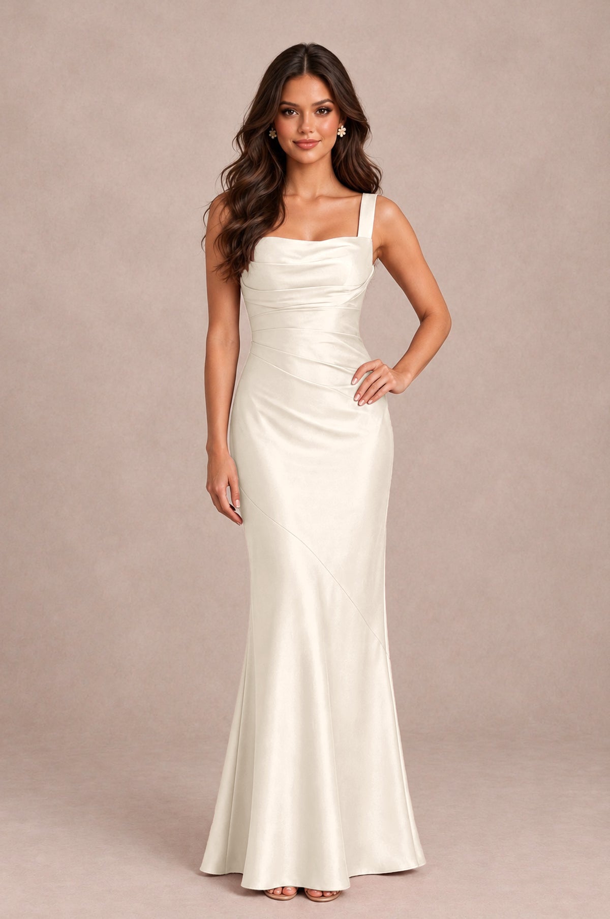 BOLODOO Ivory Square Neck Ruched Satin Lace-Up Bridesmaid Dress - Ivory - Ivory_3