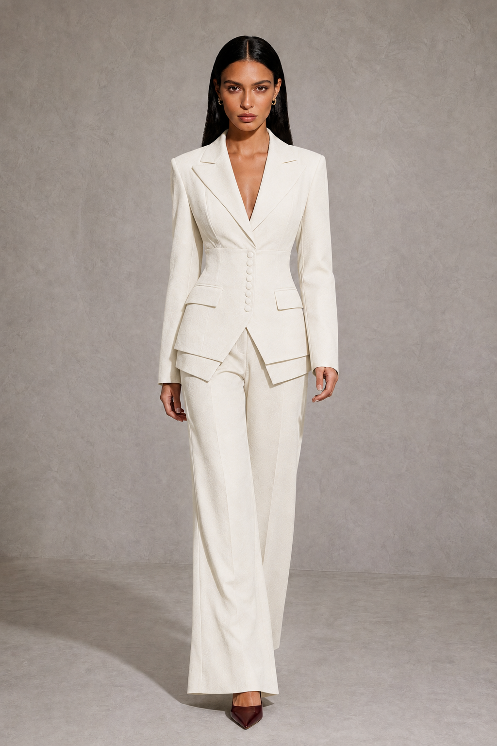BOLODOO Ivory Cinched Waist Blazer and Wide Leg Pants Two Piece Suit Set - Ivory