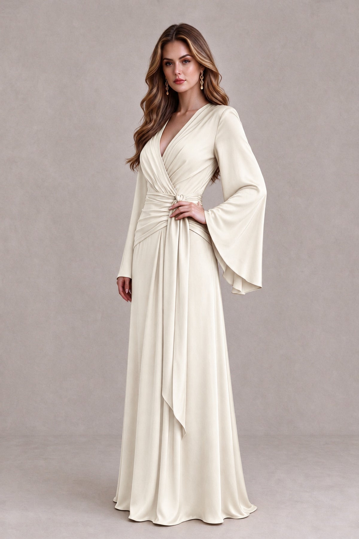 BOLODOO Ivory Yellow Satin-Look V-Neck Long Bell Sleeve Evening Dress - Ivory - Ivory_3